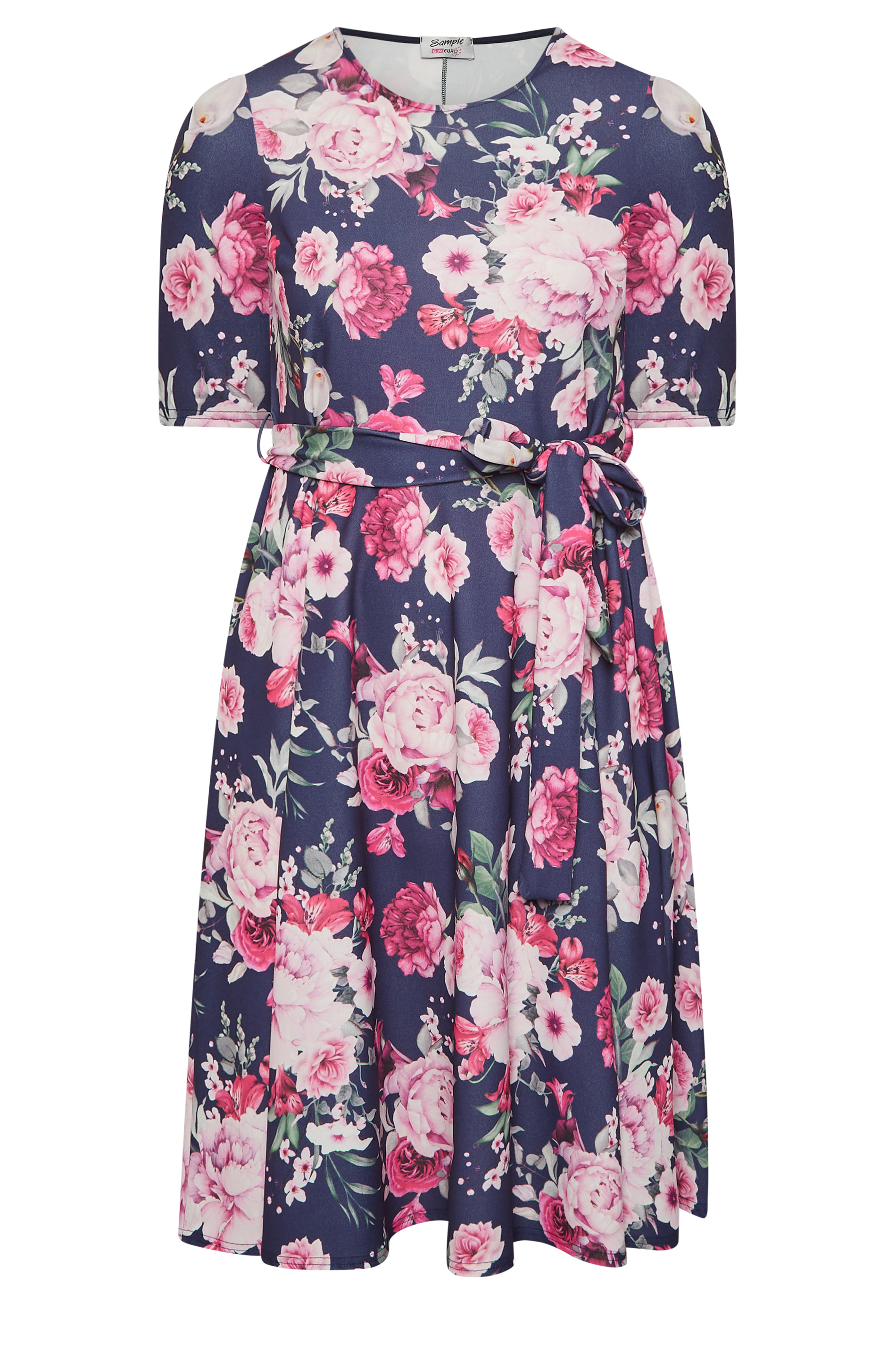 YOURS LONDON Curve Plus Size Navy Blue & Pink Floral Skater Dress ...