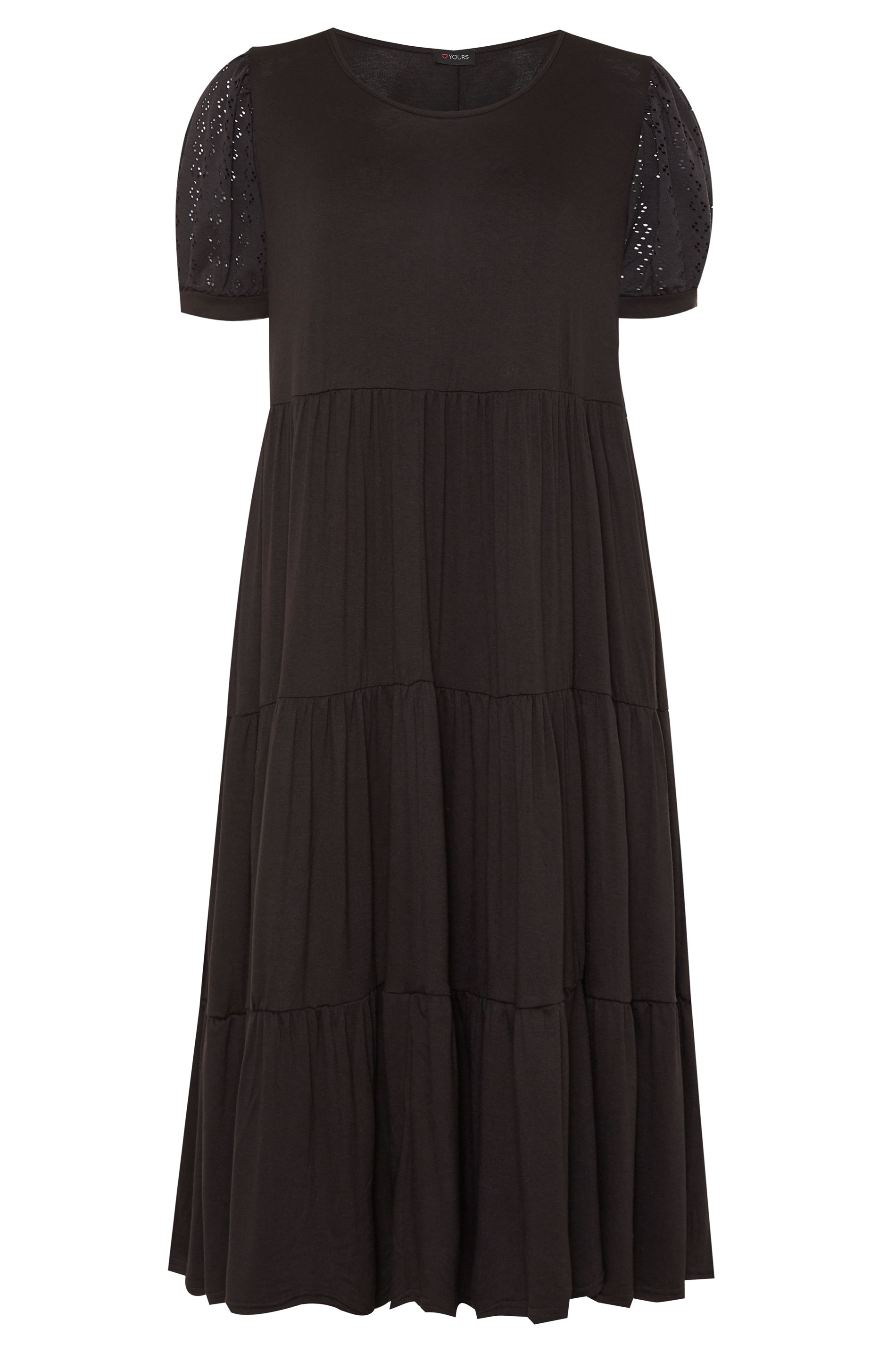 Black Broderie Anglaise Sleeve Tiered Smock Midi Dress | Yours Clothing
