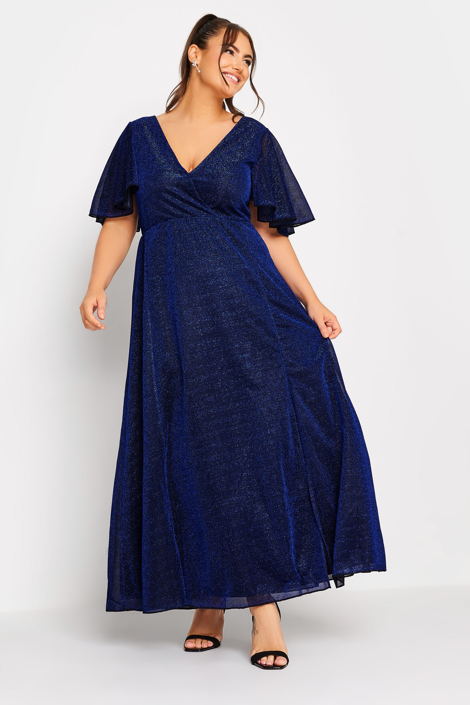 YOURS LONDON Plus Size Dark Blue Glitter Angel Sleeve Maxi Dress | Yours Clothing 2
