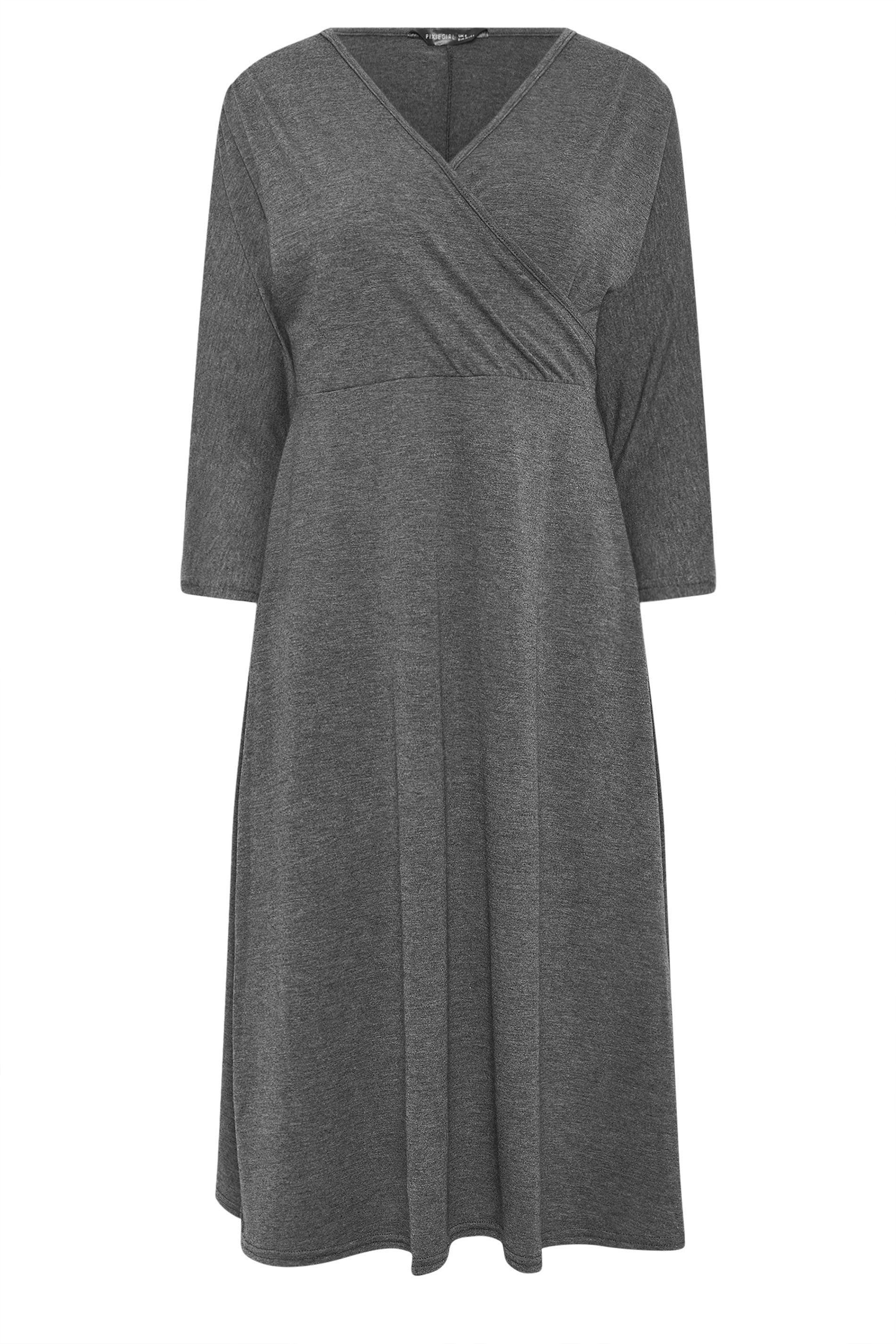 PixieGirl Petite Women's Charcoal Grey Wrap Midi Dress | PixieGirl 5