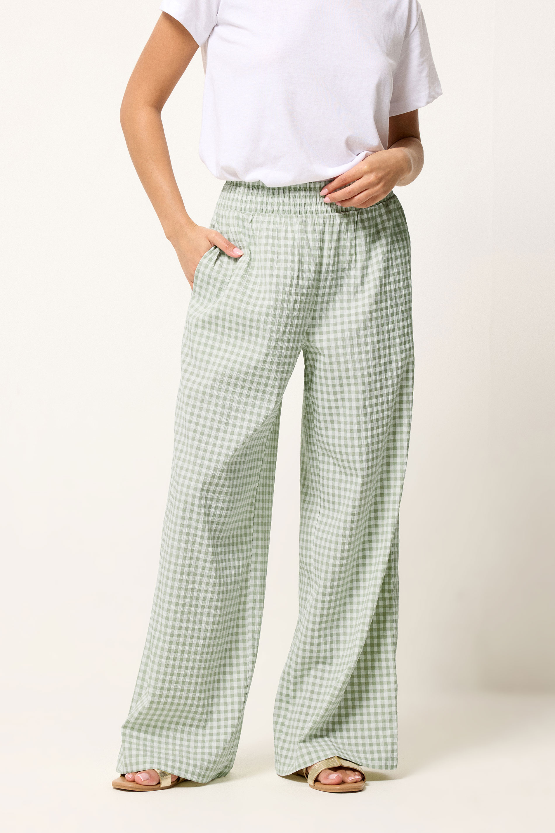 PixieGirl Petite Women's Green Gingham Wide Leg Trousers | PixieGirl 2