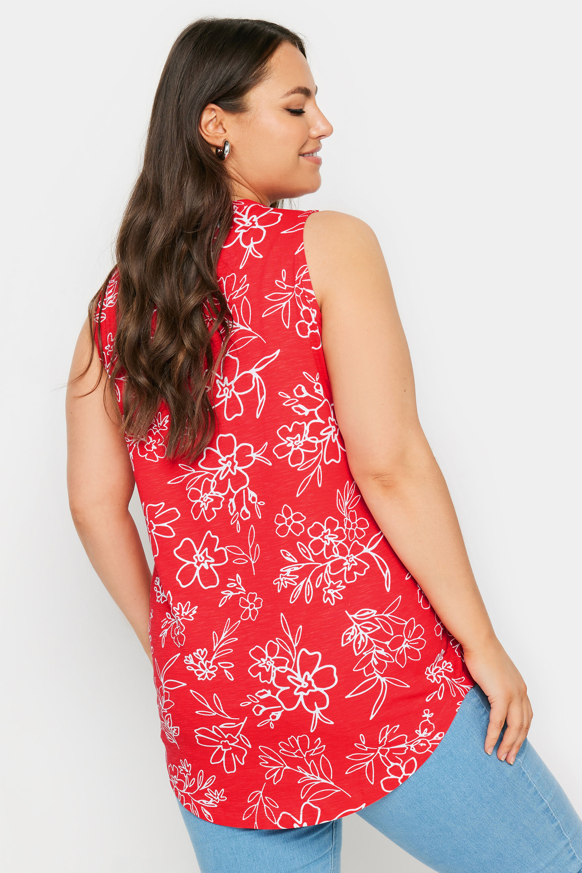 YOURS Plus Size Red Floral Print Pintuck Henley Vest Top | Yours Clothing 3
