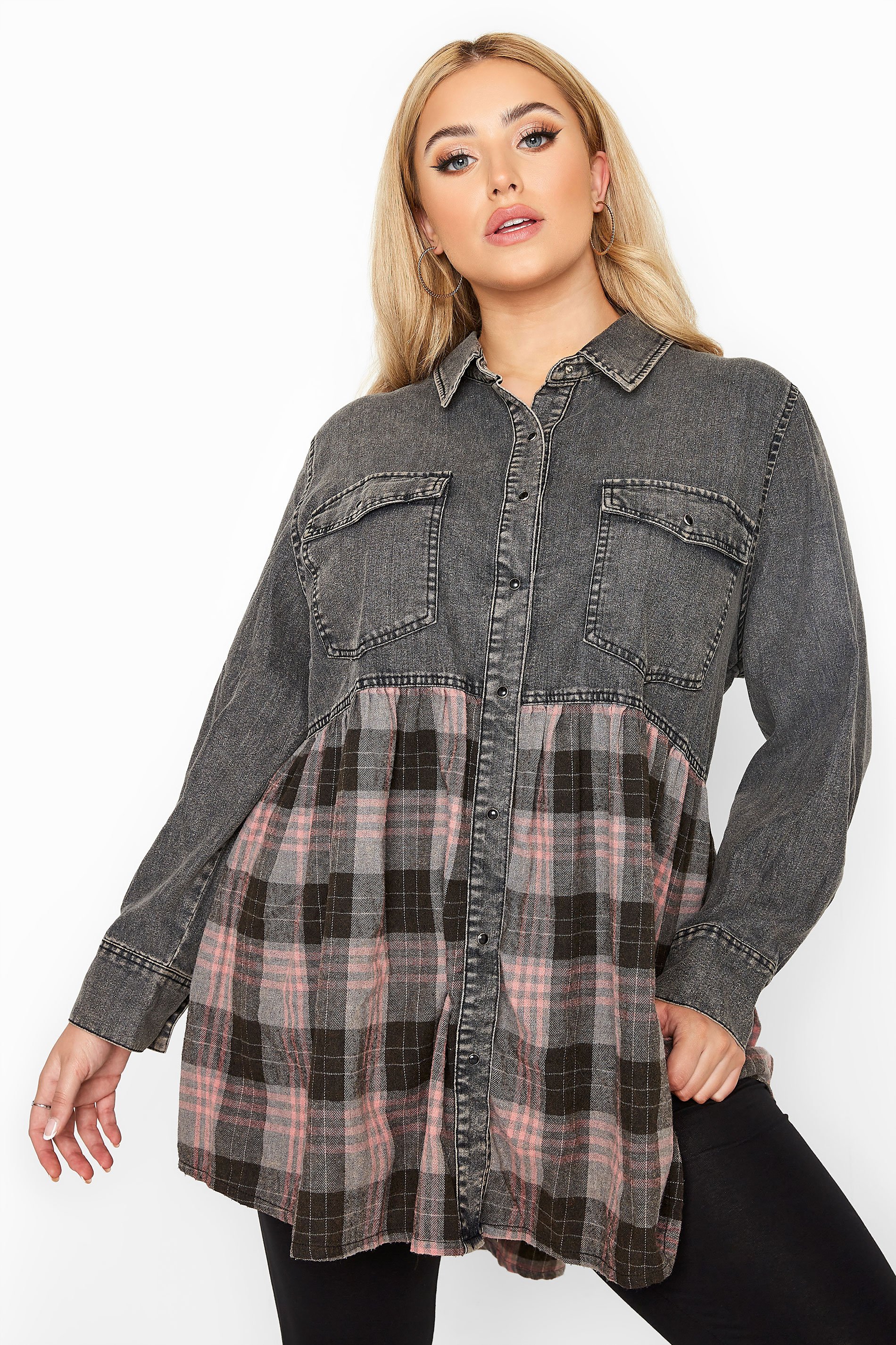 Grey Denim Check Mix Smock Shirt | Yours Clothing