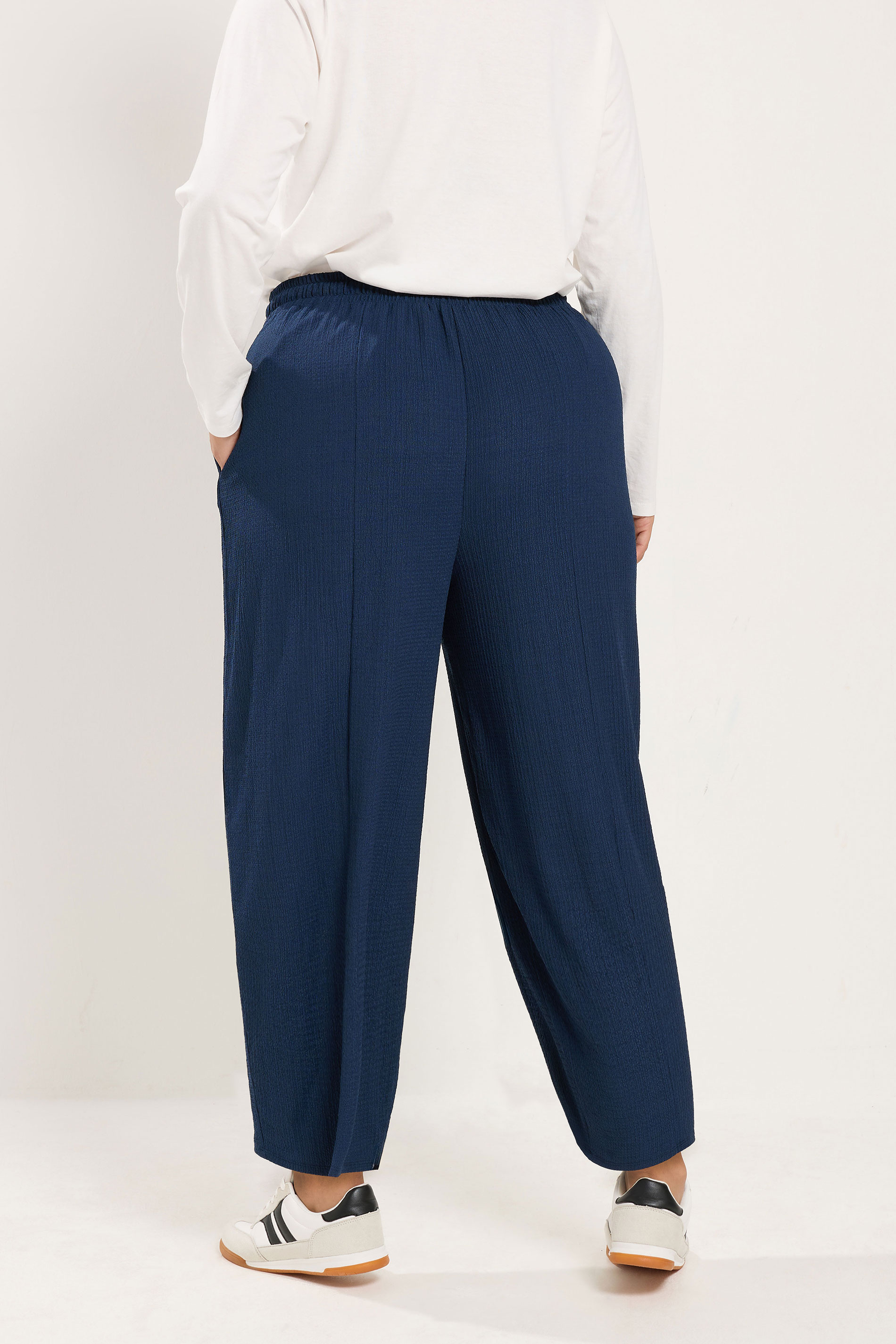 YOURS Plus Size Navy Blue Crinkle Barrel Trousers | Yours Clothing 2