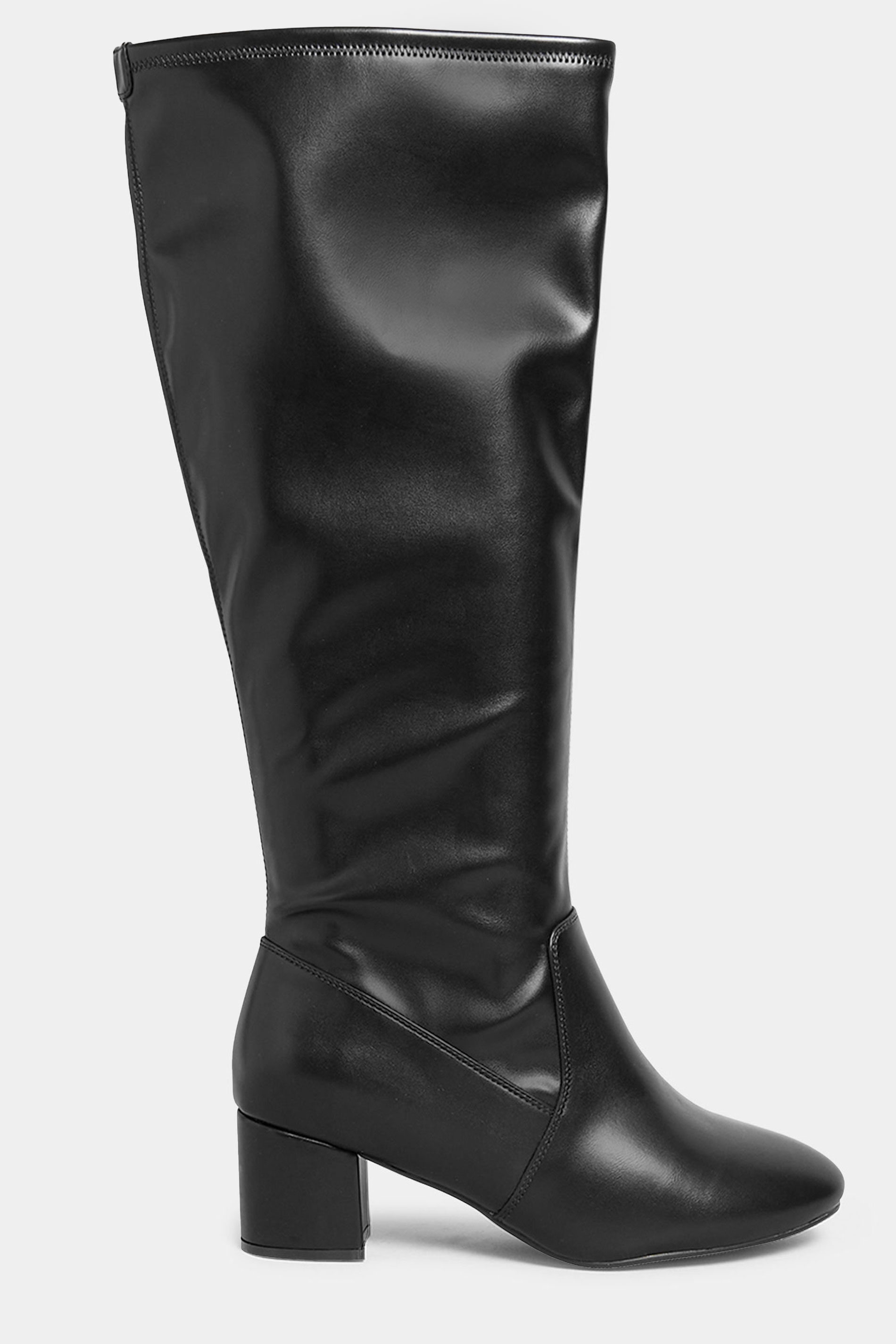LIMITED COLLECTION Black Stretch Heeled Knee High Boots In Wide & Extra ...