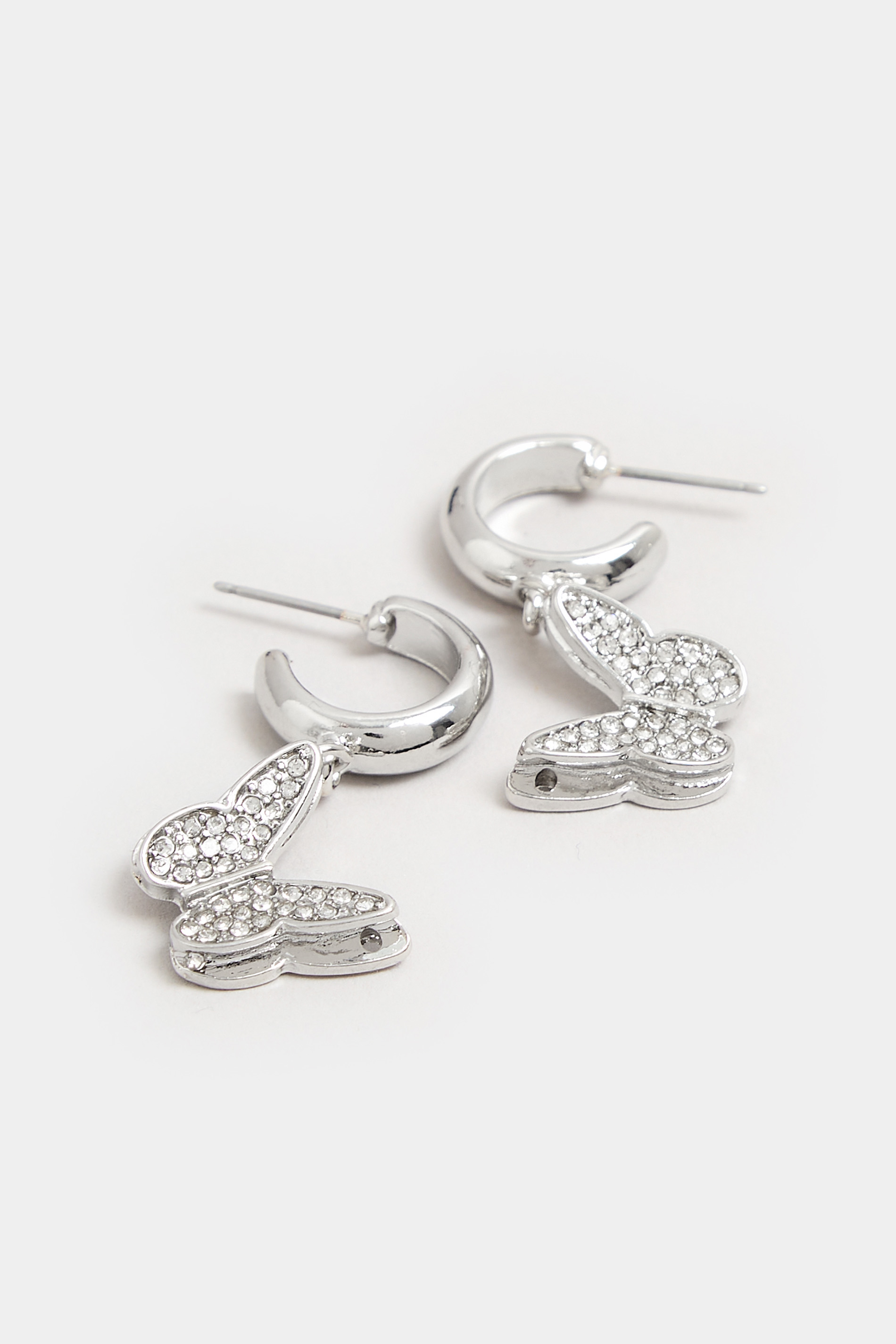 Silver Butterfly Diamante Small Hoop Earrings | Yours Clothing 3