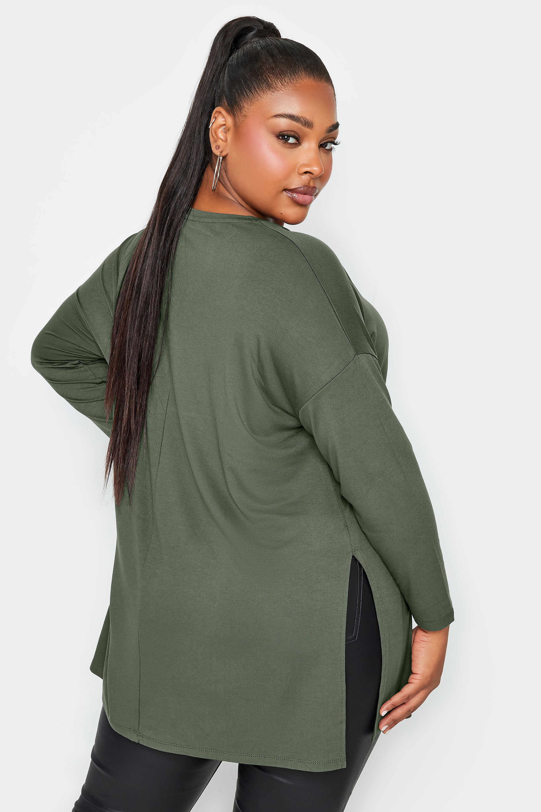 YOURS Plus Size Khaki Green Oversized Long Sleeve T-Shirt | Yours Clothing 3