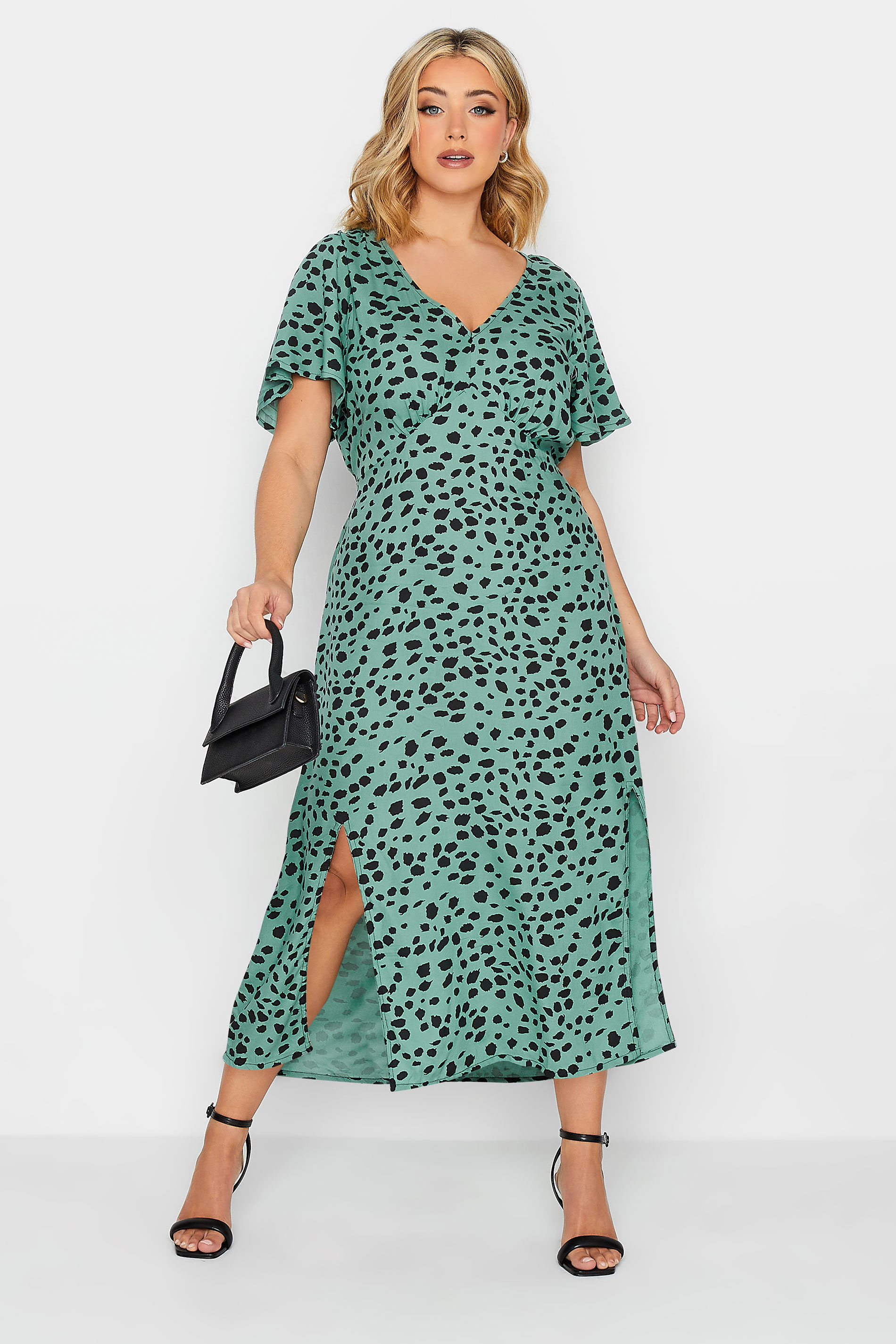 YOURS PETITE Plus Size Green Dalmatian Print Midi Tea Dress | Yours Clothing 1