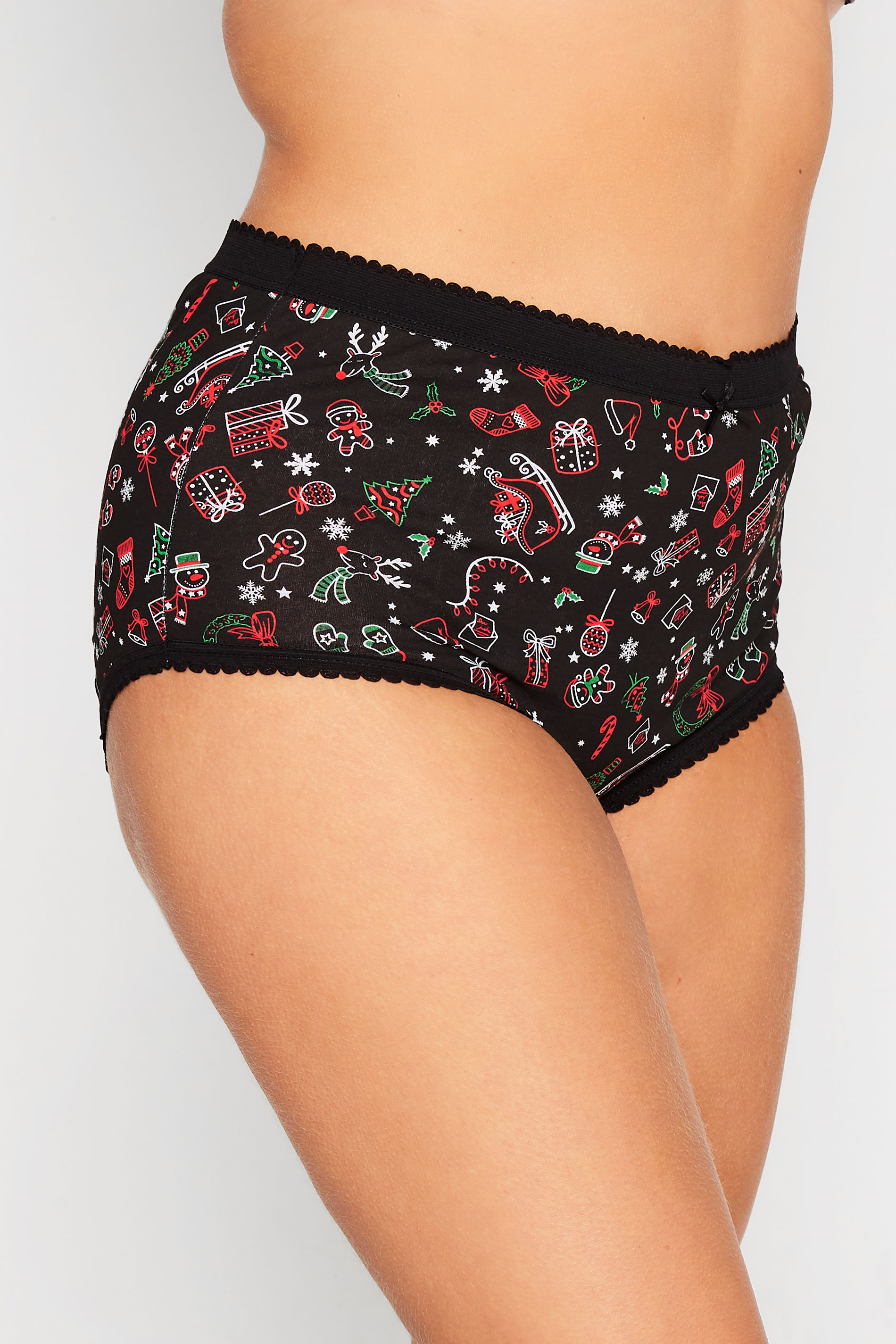 5 PACK Black Christmas Print Cotton High Waisted Full Briefs | Yours Clothing 2