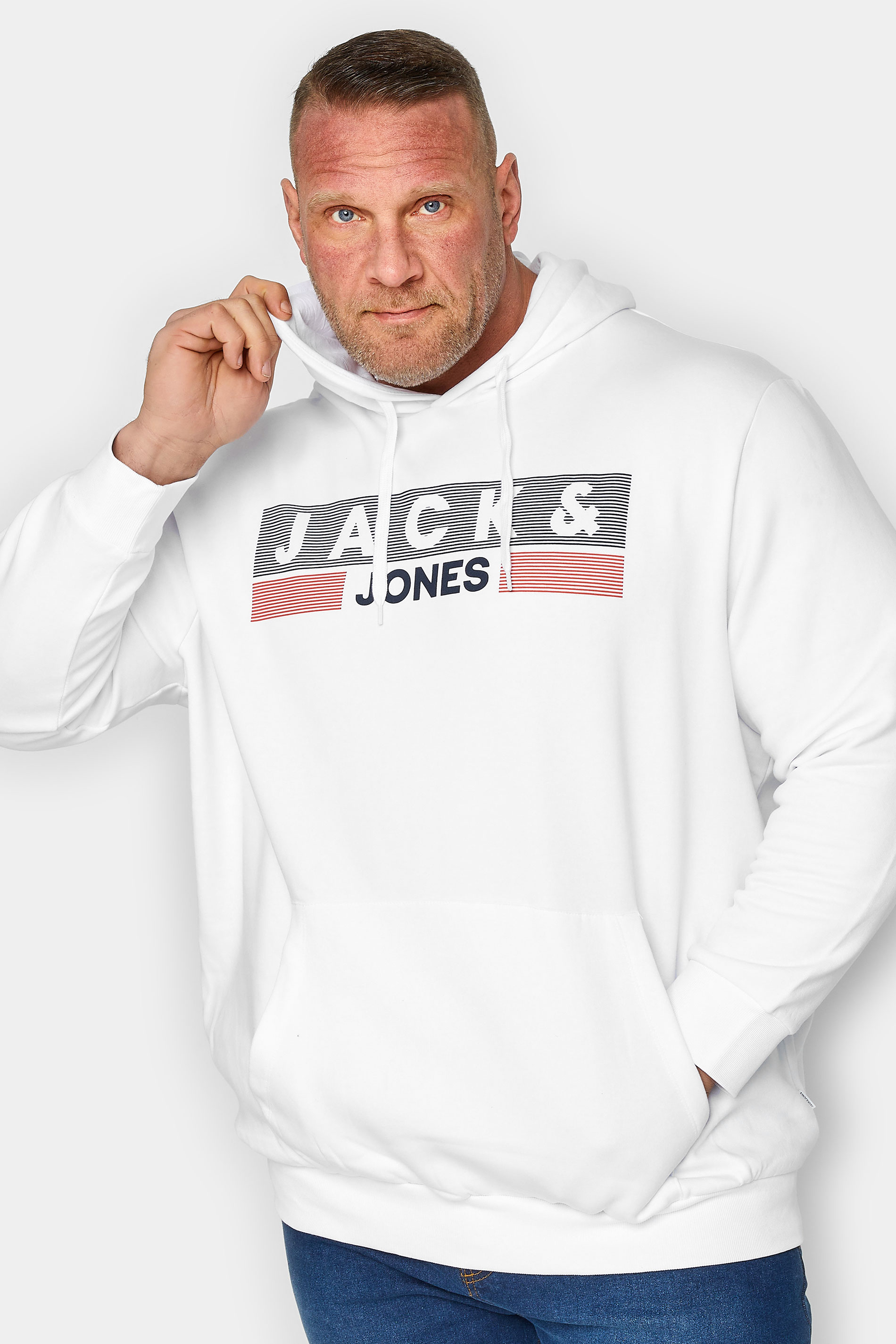 JACK & JONES Big & Tall White Logo Print Hoodie | BadRhino 1