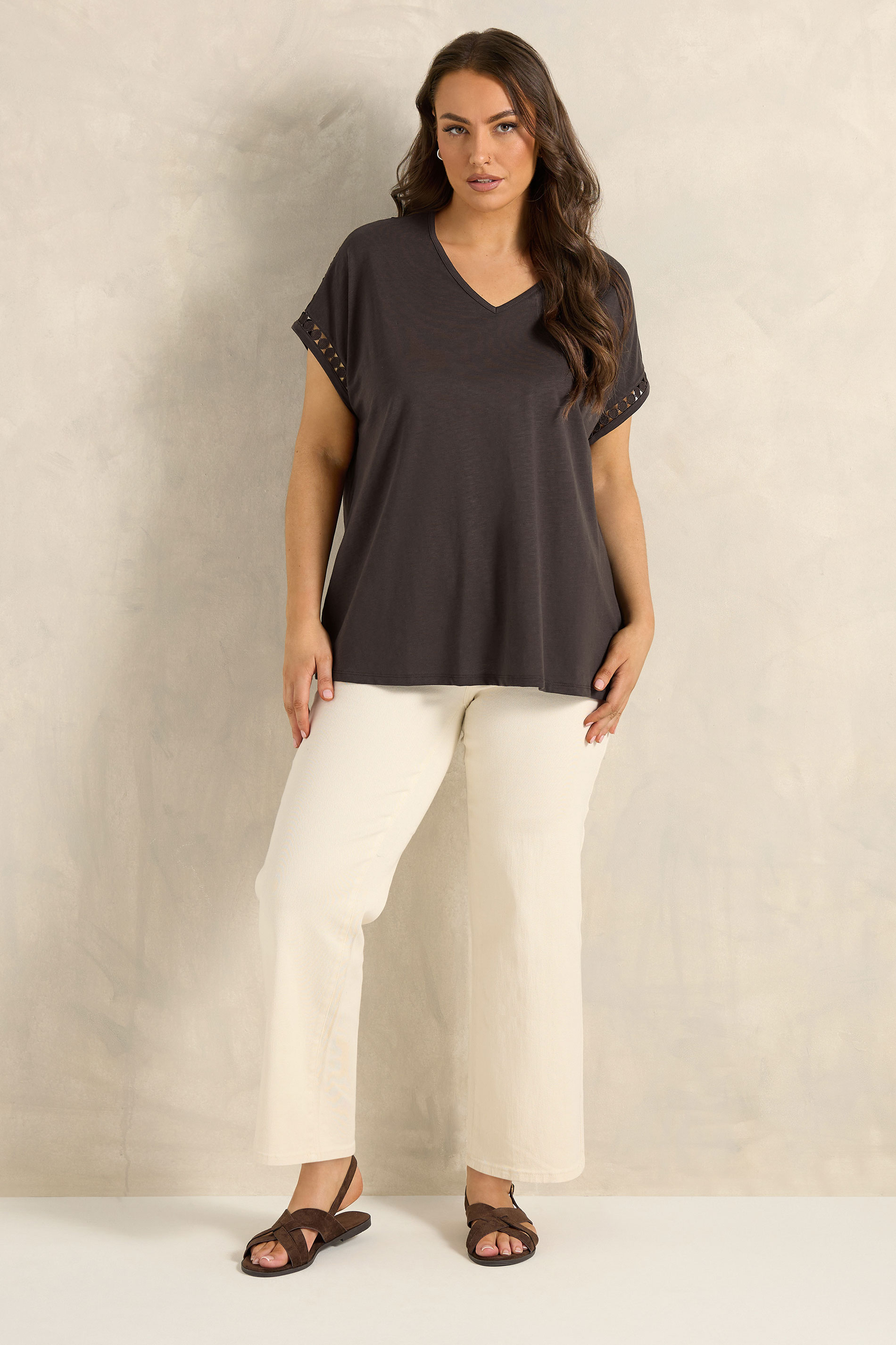 EVANS Plus Size Chocolate Brown Crochet Trim Cotton V Neck T-Shirt | Evans 1