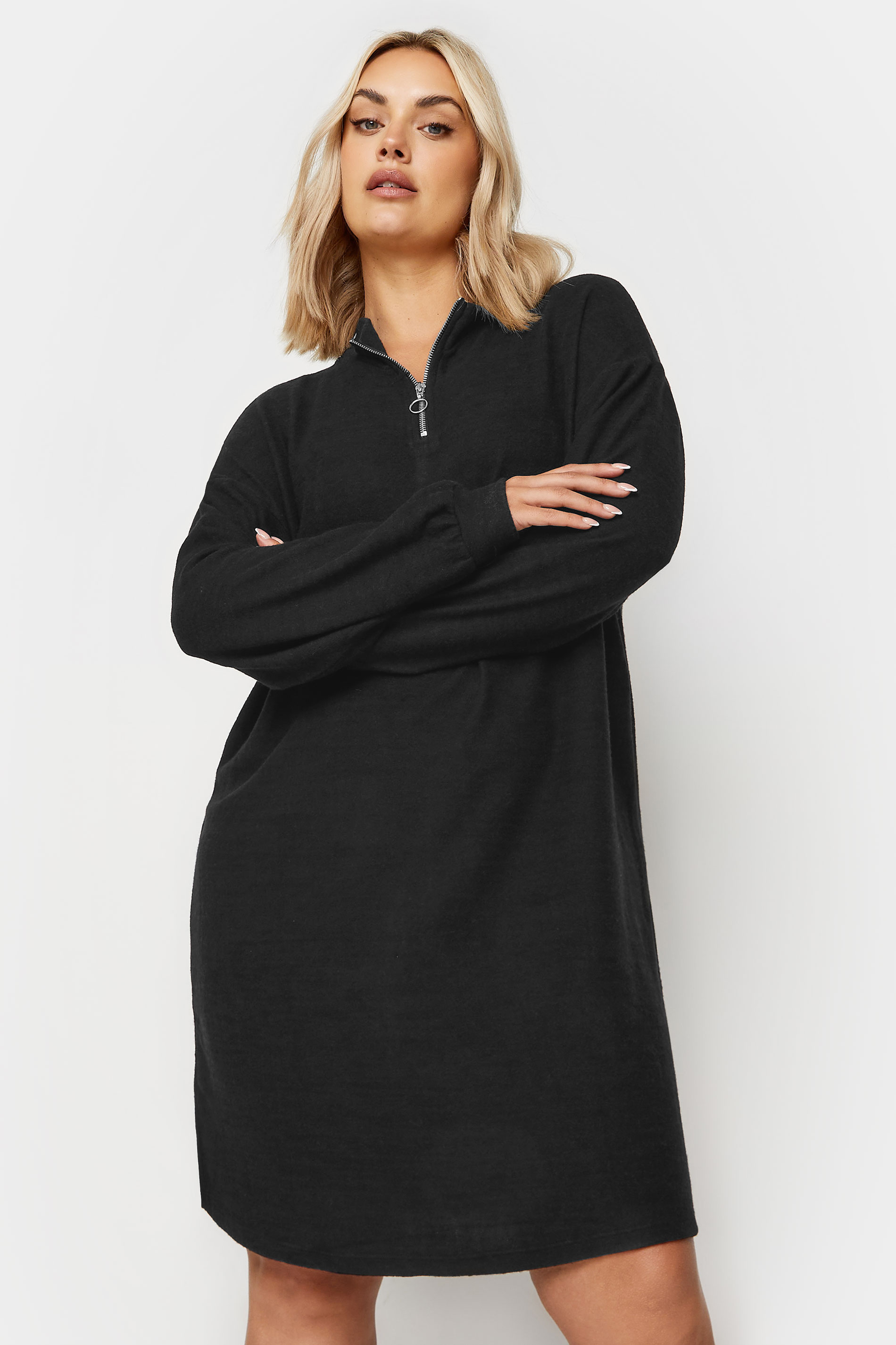 YOURS Plus Size Black Soft Touch Zip Neck Jumper Dress | Yours Clothing 2