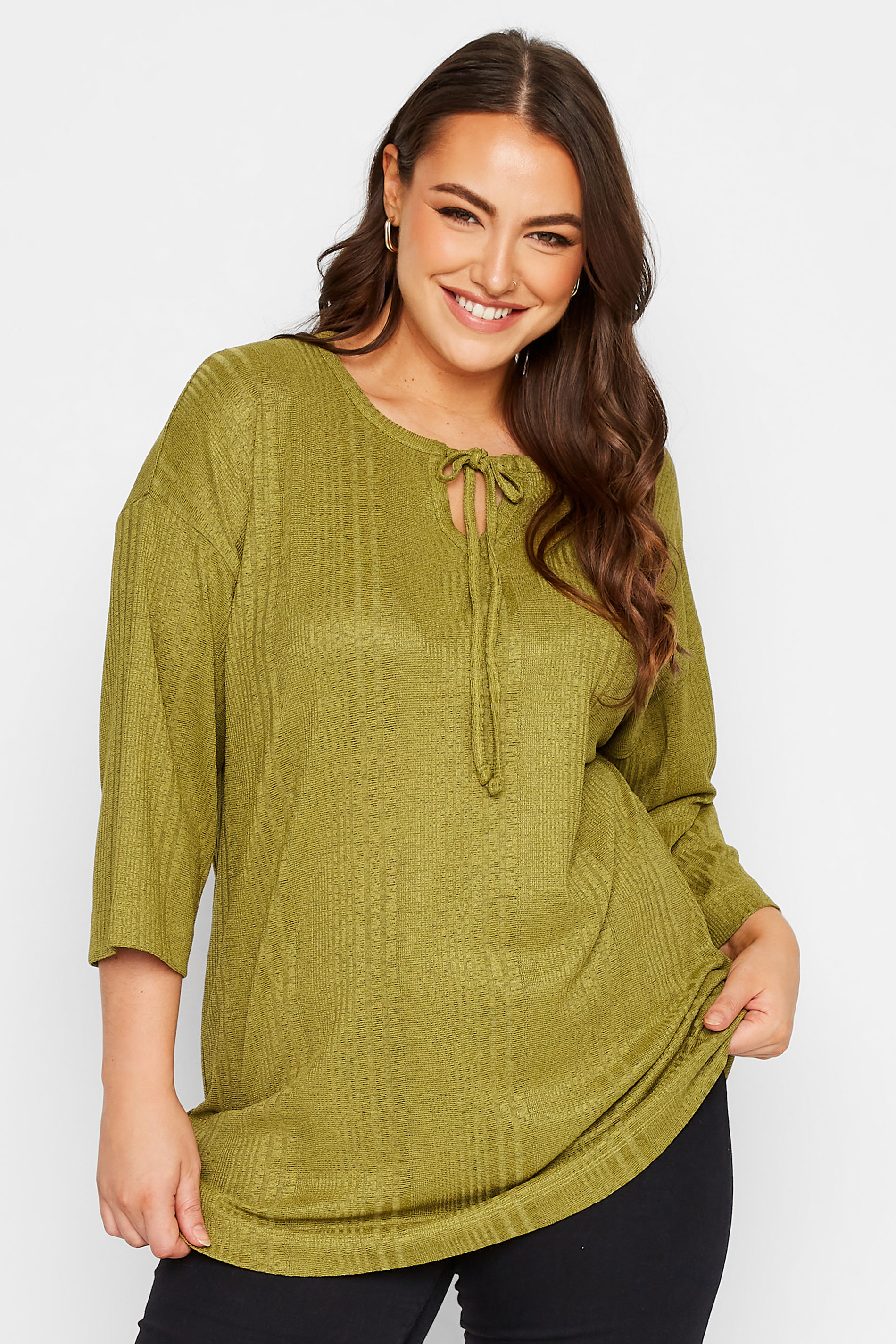 Plus Size Green Textured Tie Neck Top | Yours Clothing