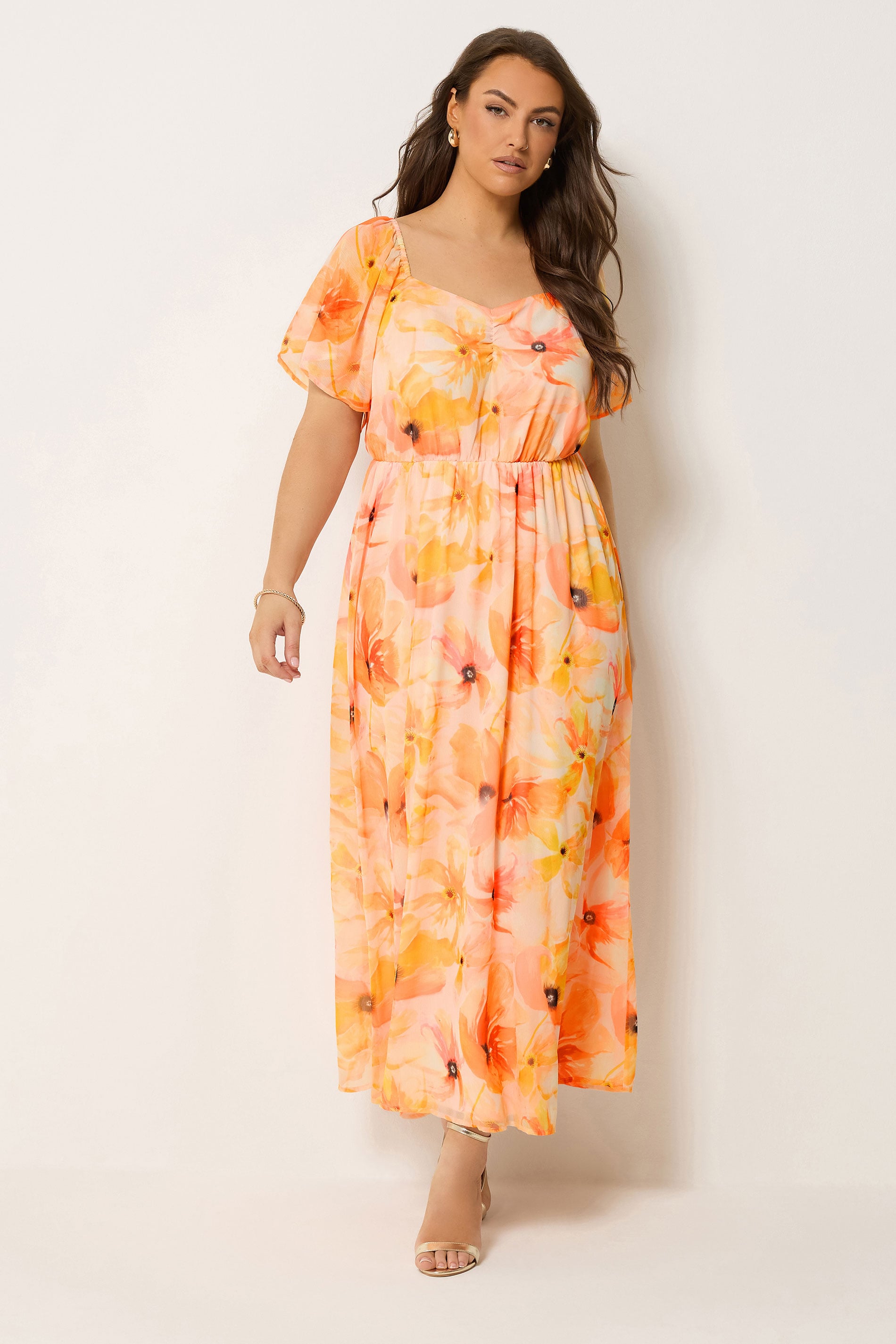 YOURS Plus Size Orange Floral Angel Sleeve Dress | Yours Clothing 1