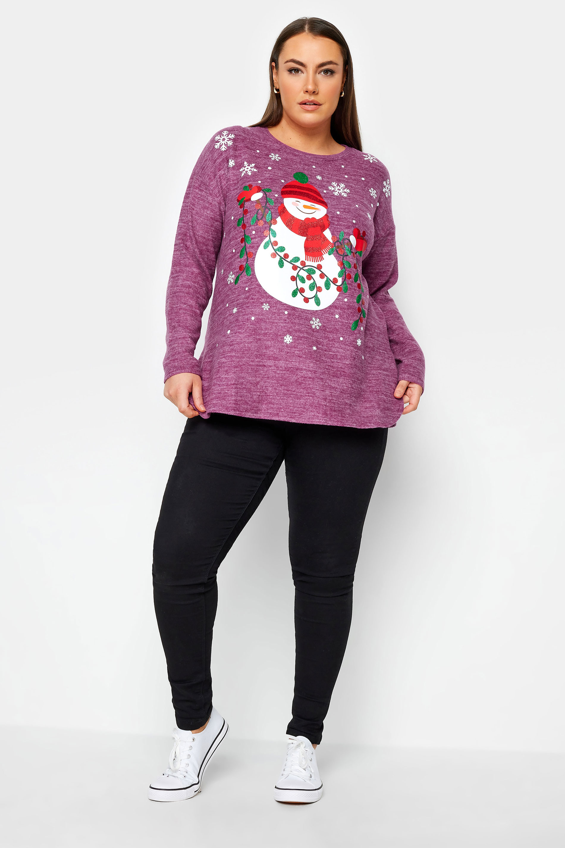 YOURS Plus Size Purple Snowman Print Soft Touch Christmas Jumper | Yours Clothing 2