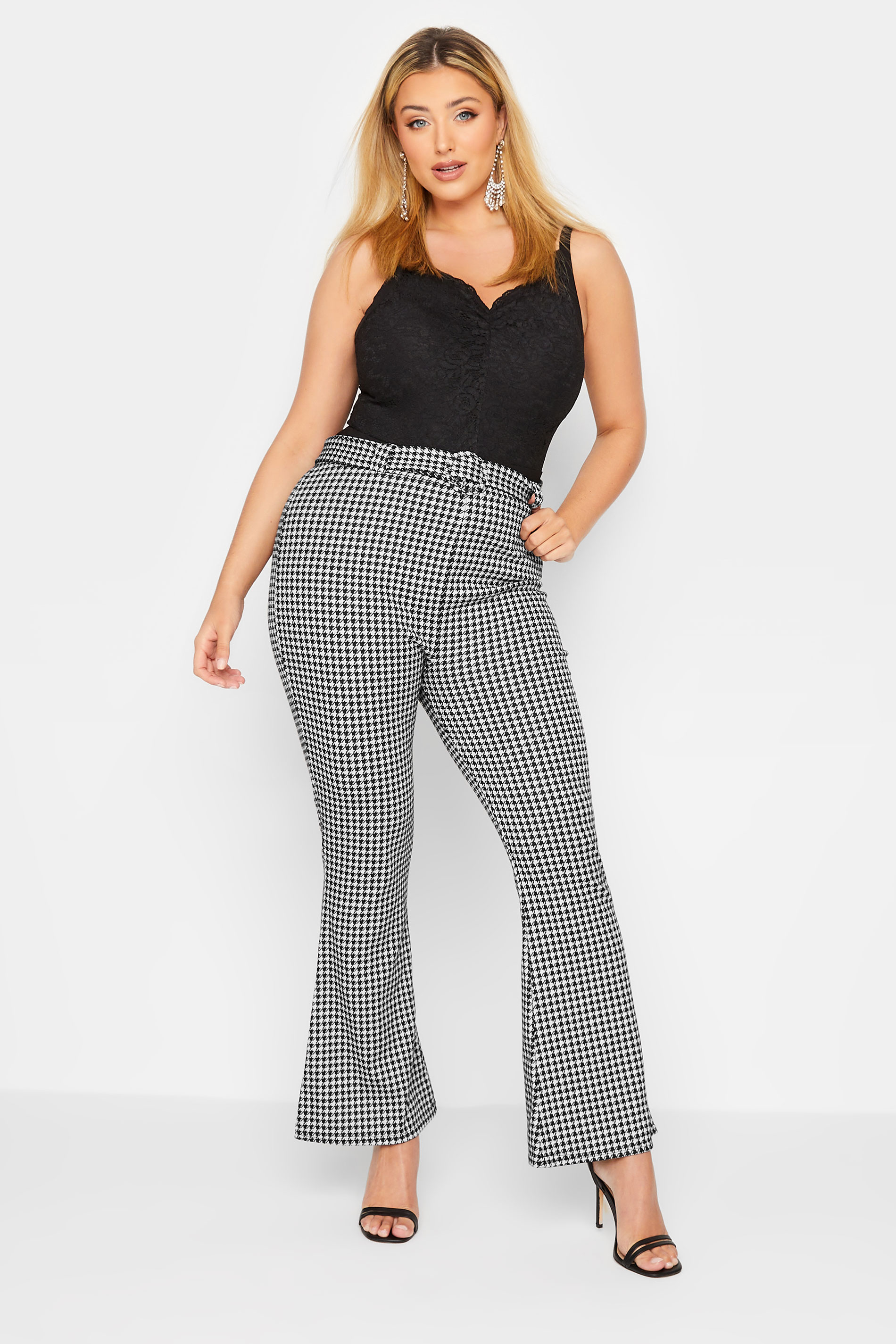 LIMITED COLLECTION Curve Black & White Dogtooth Belted Spilt Hem Flare Trousers | Yours Clothing  3