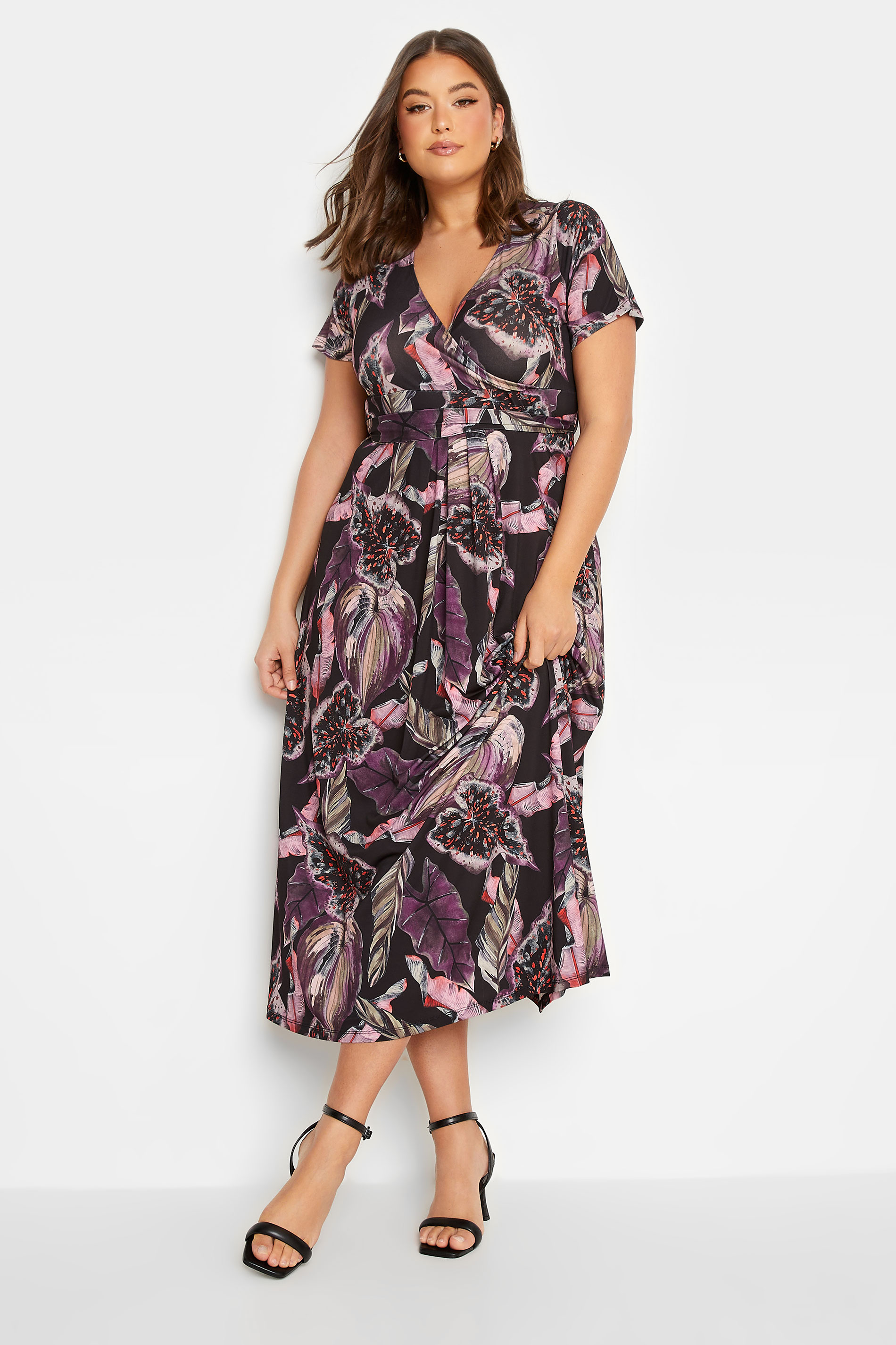 YOURS Curve Plus Size Black Leaf Print Wrap Dress | Yours Clothing  2