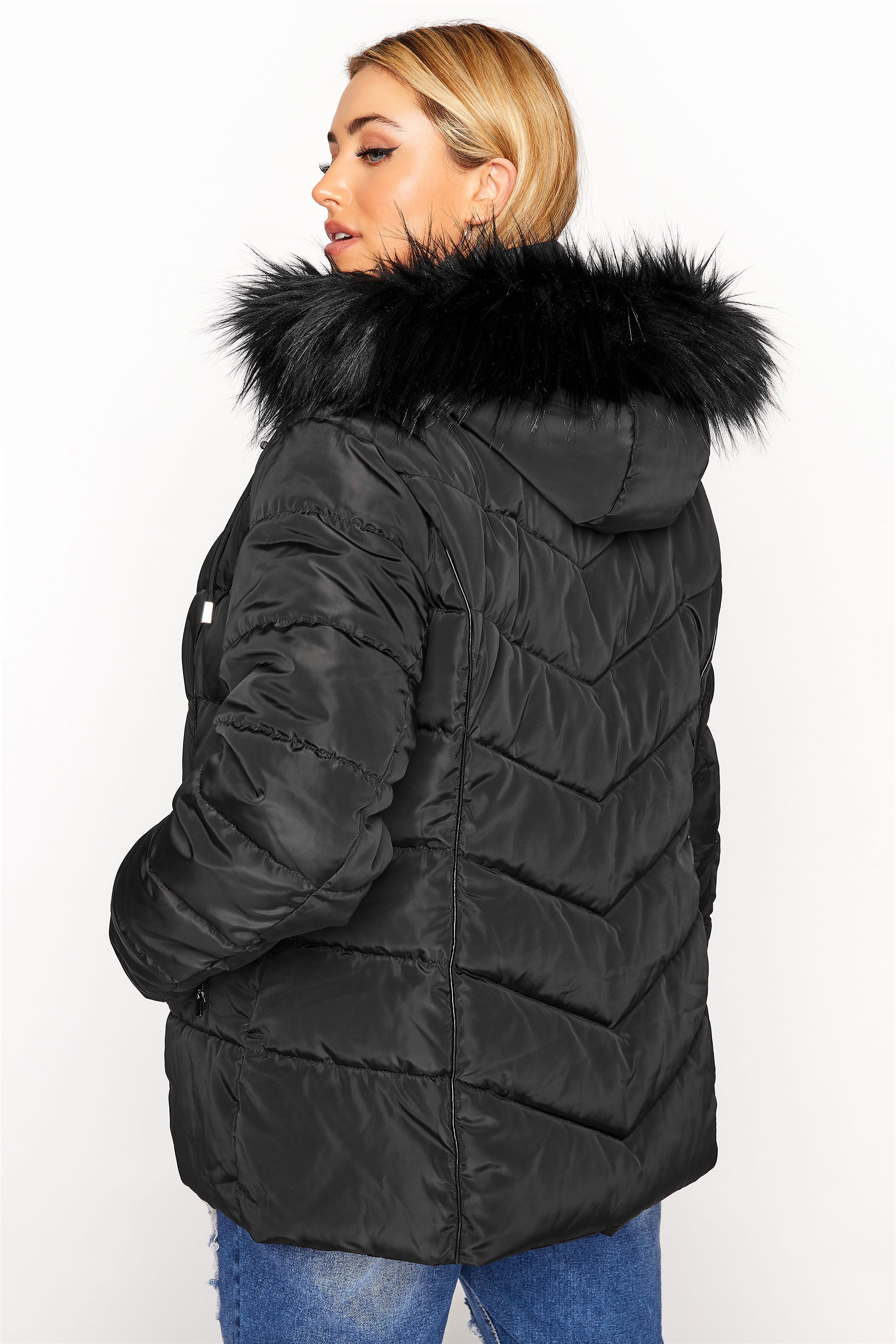 Plus Size Black PU Faux Fur Trim Panelled Puffer Jacket | Yours Clothing 3