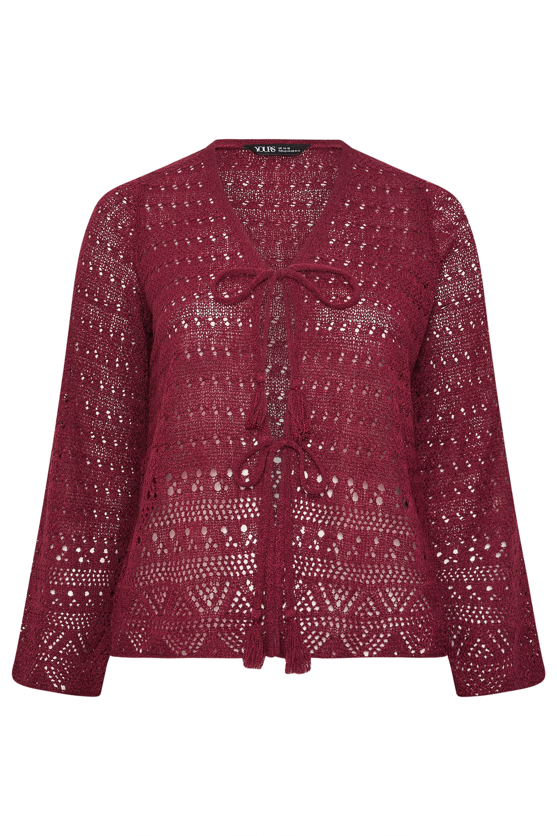 YOURS Plus Size Burgundy Red Pointelle Knitted Tie Cardigan | Yours Clothing 5