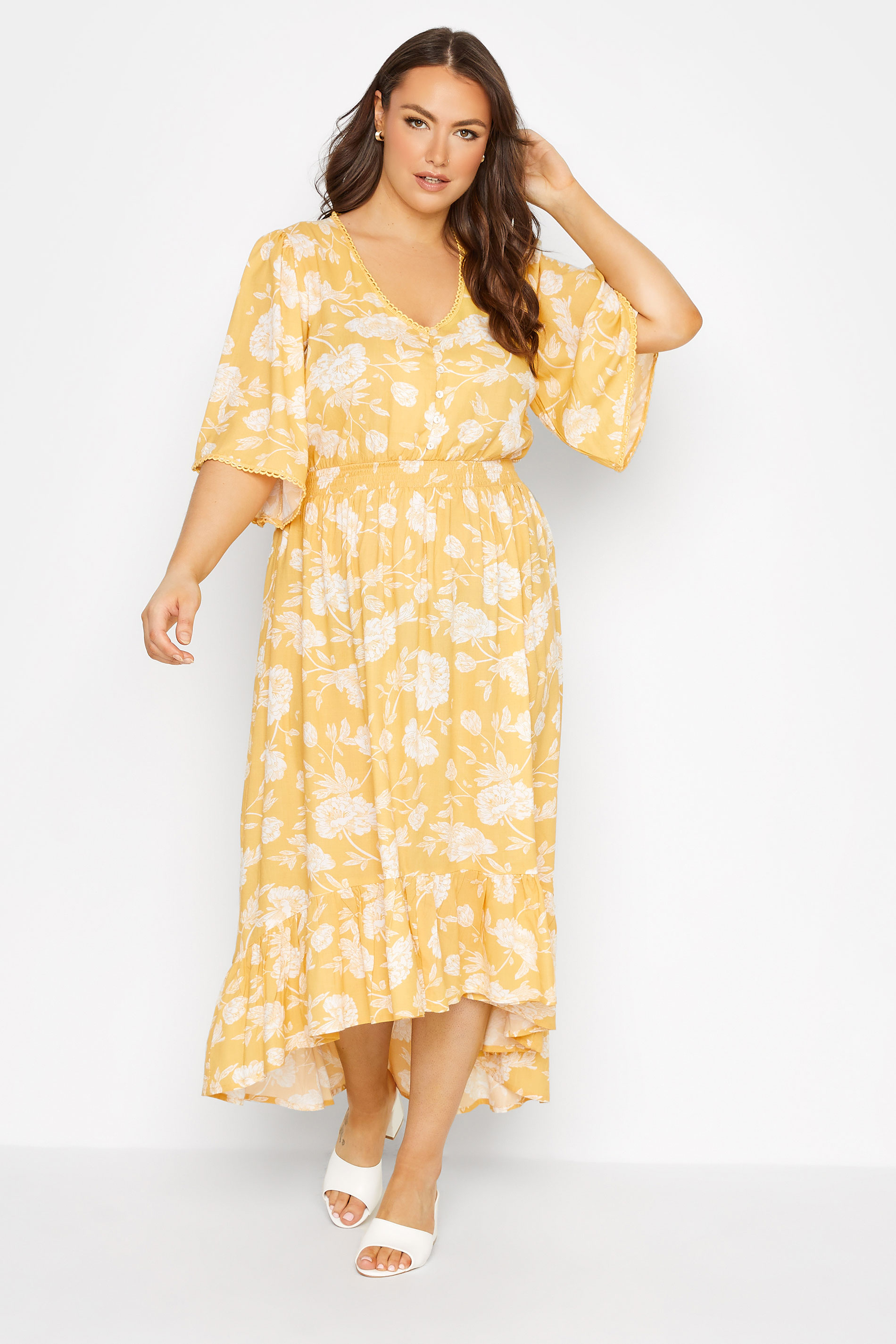 Plus Size Yellow Floral Print High Low Midi Dress | Yours Clothing  2