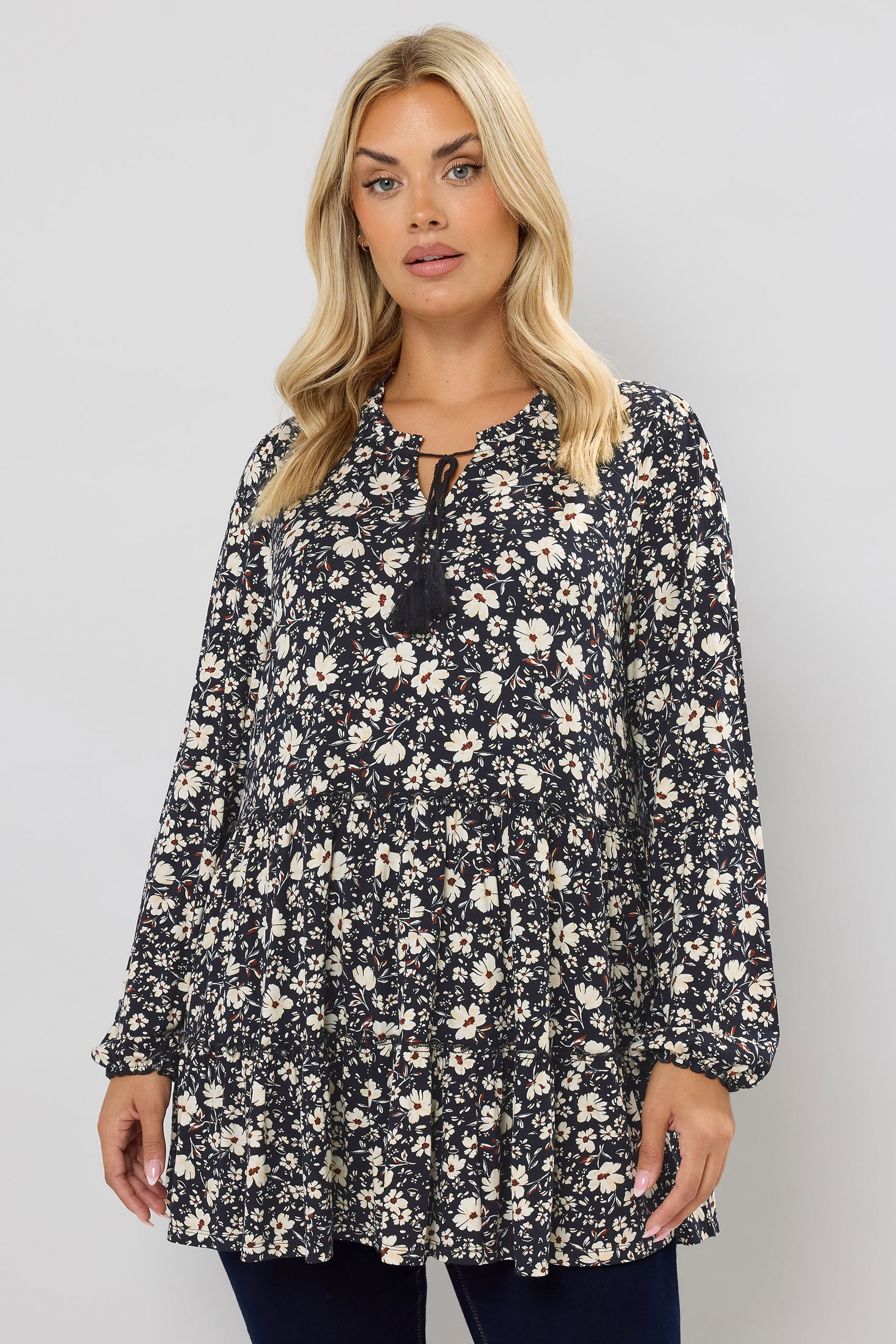 Plus Size Floral Round Neck Tiered Blouse
