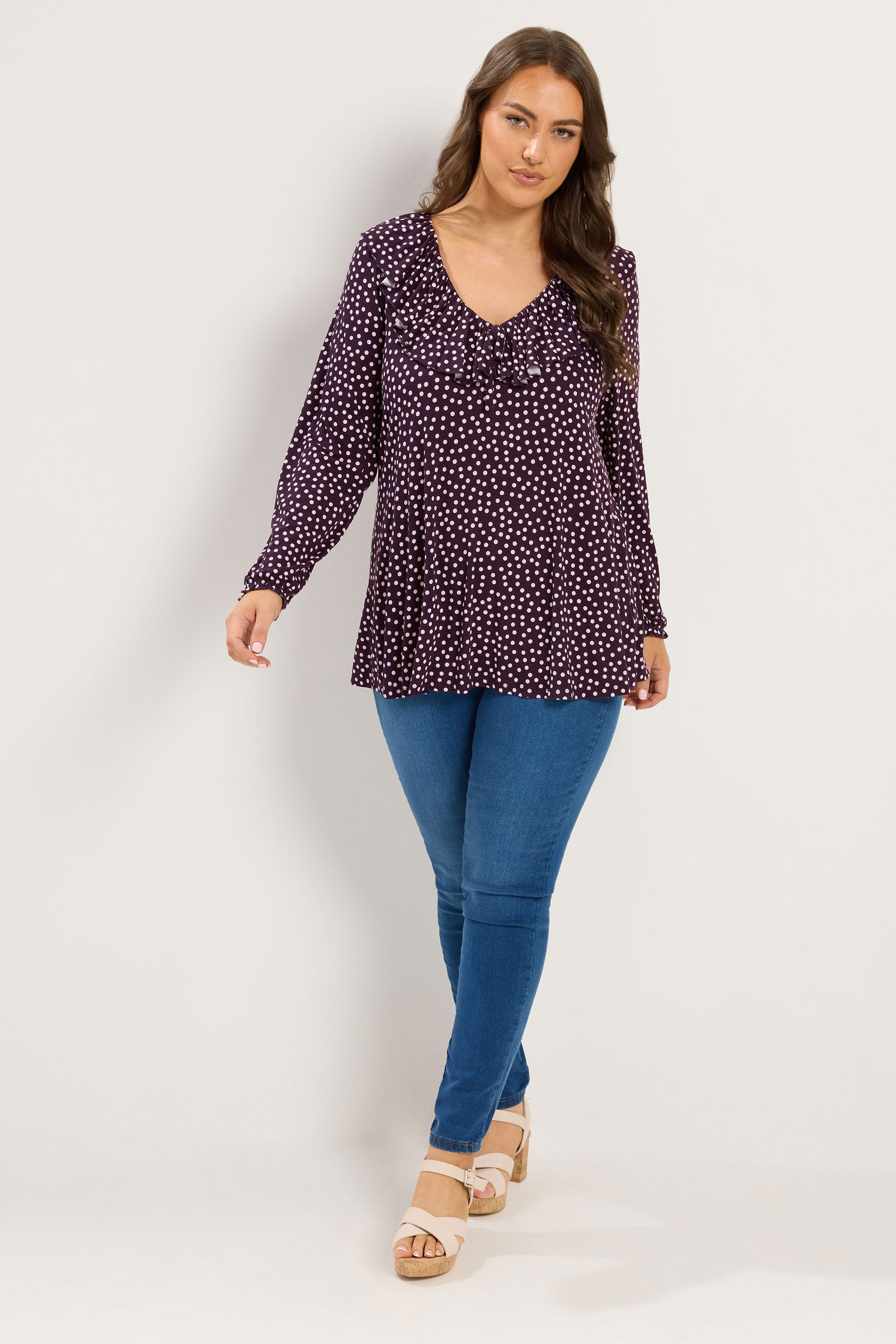 YOURS Plus Size Purple Polka Dot Frill Blouse | Yours Clothing 1