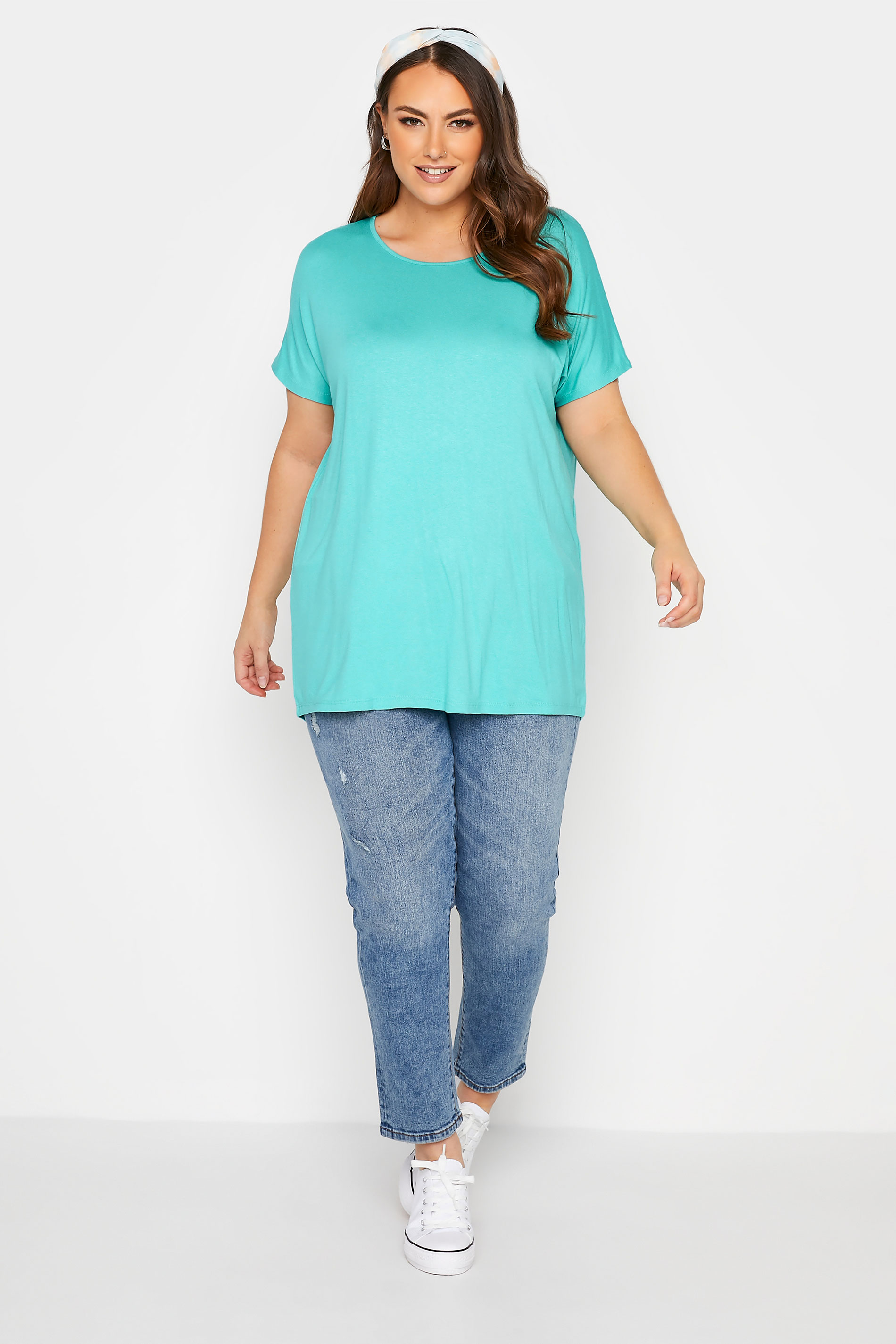 Grande taille  Tops Grande taille  T-Shirts | T-Shirt Bleu Turquoise Manches Courtes en Jersey - KS82214