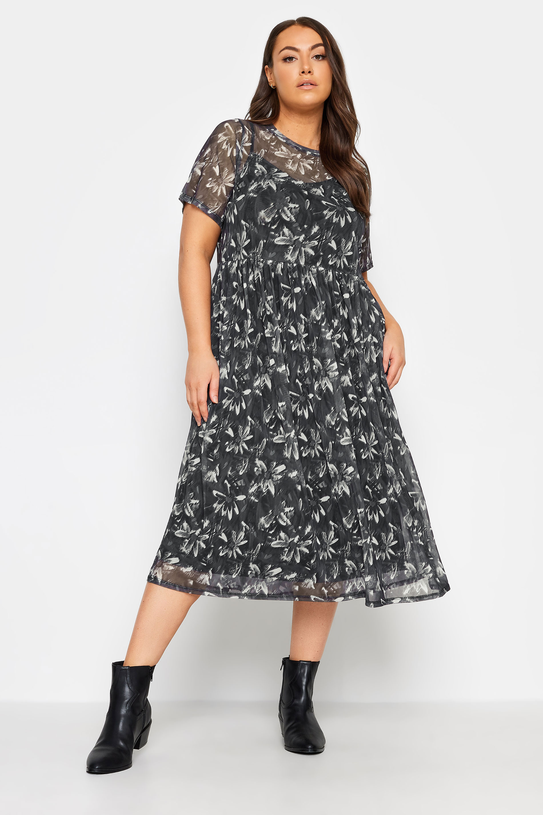 YOURS Plus Size Black & White Floral Print Mesh Smock Dress | Yours Clothing 1
