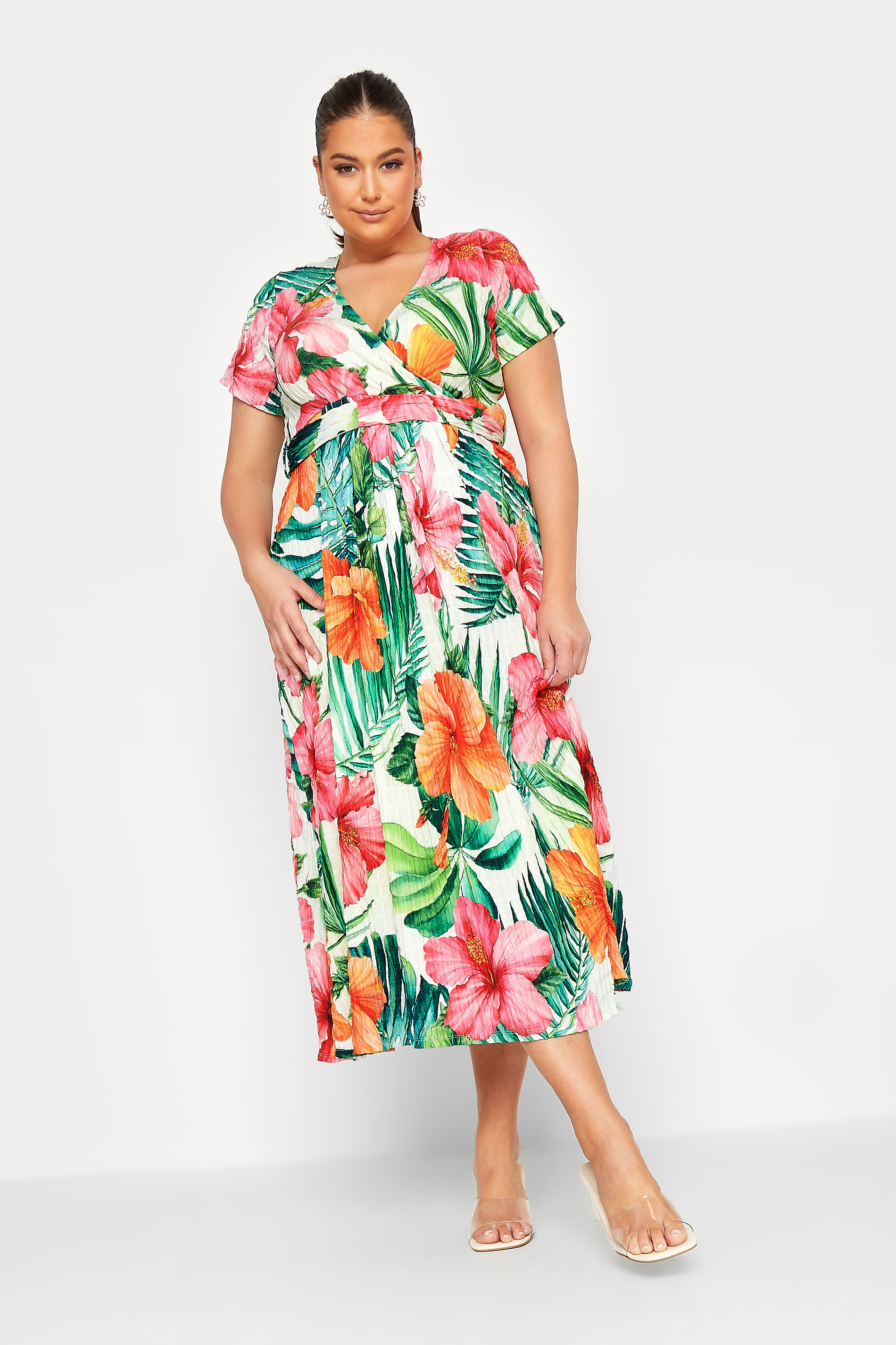 YOURS Curve Green Tropical Floral Print Wrap Dress | Yours Clothing 2