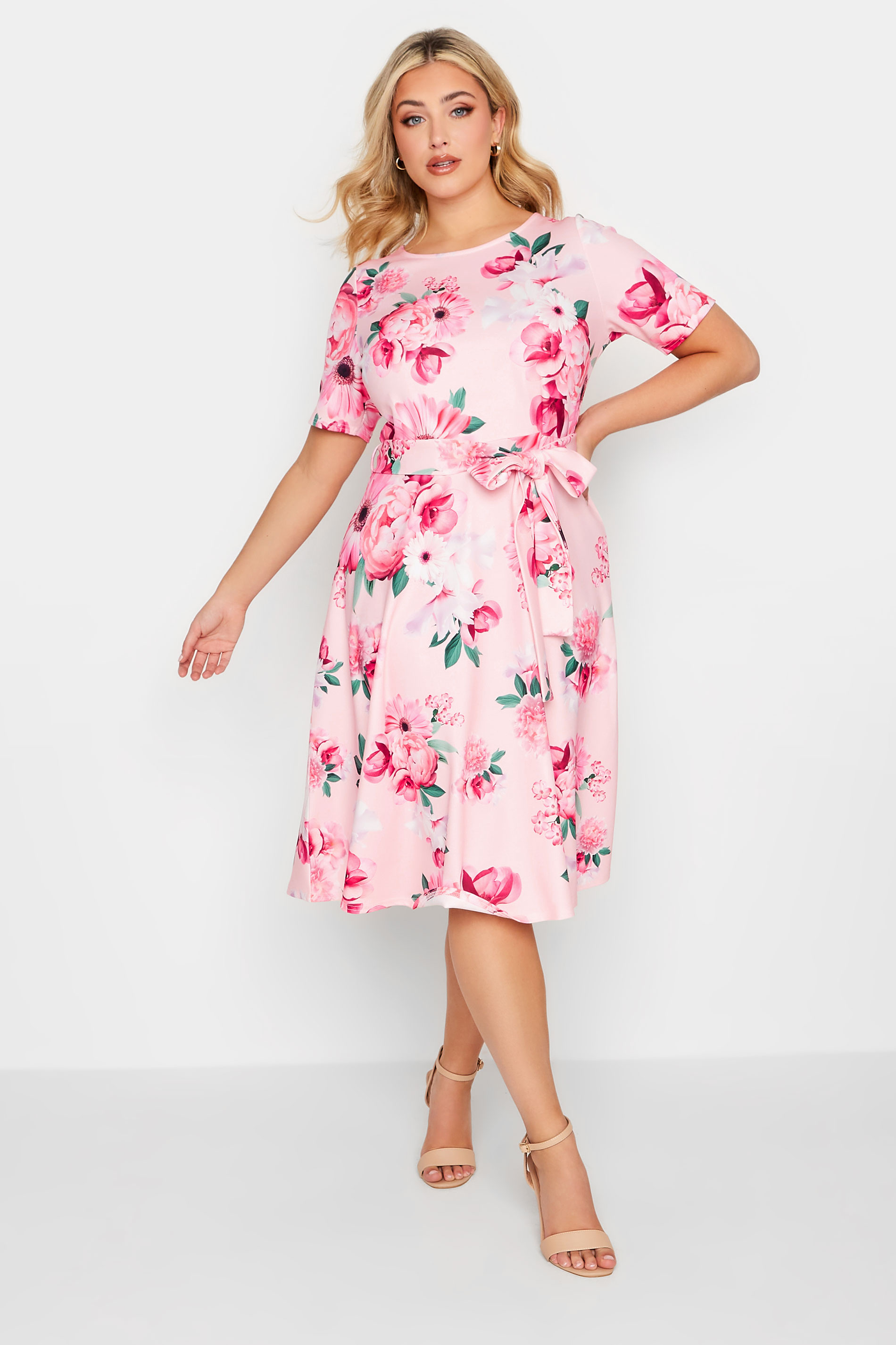 YOURS LONDON Plus Size Pink Floral Print Skater Dress | Yours Clothing 1