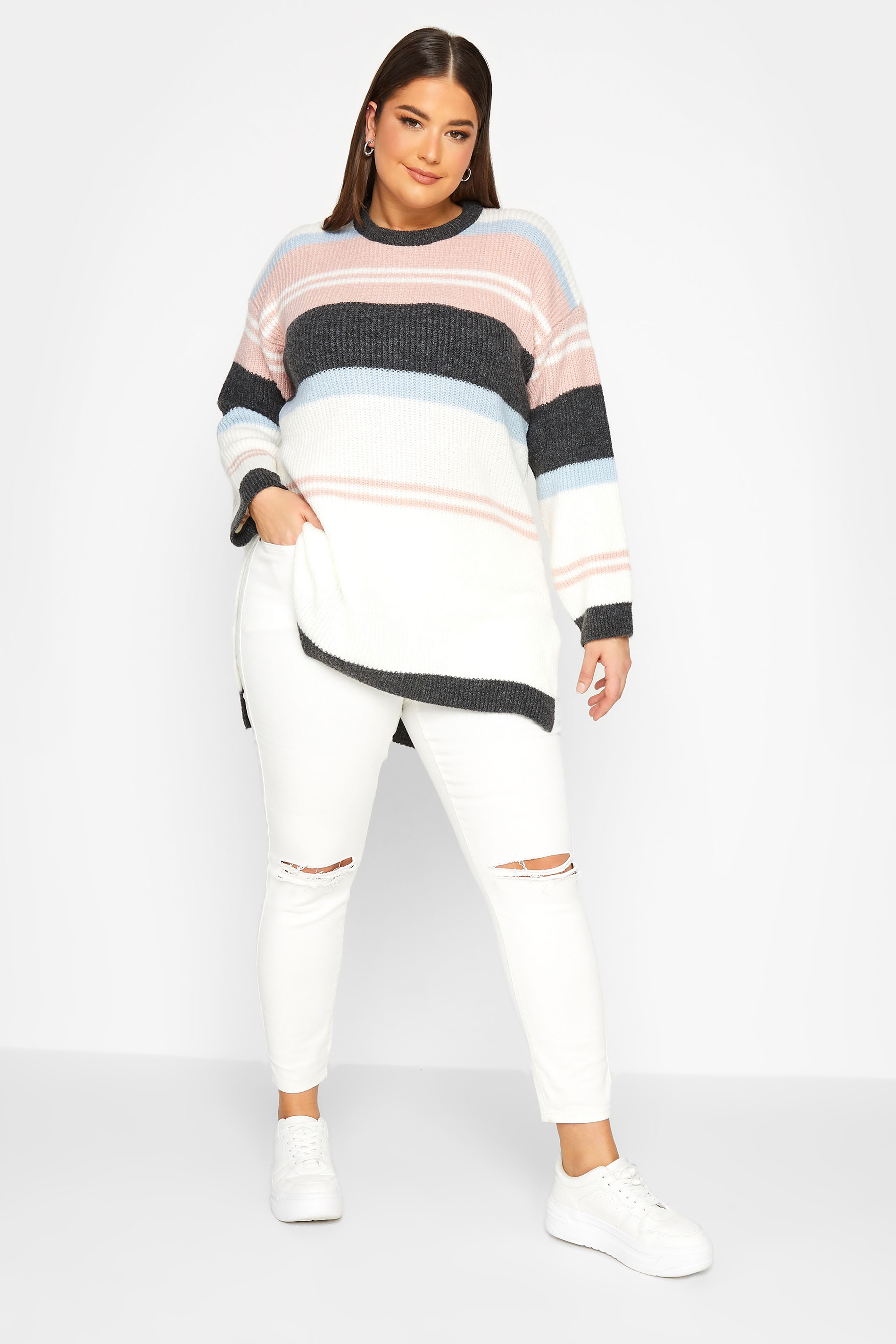 YOURS LUXURY Plus Size White & Pink Stripe Longline Jumper | Yours Clothing 2