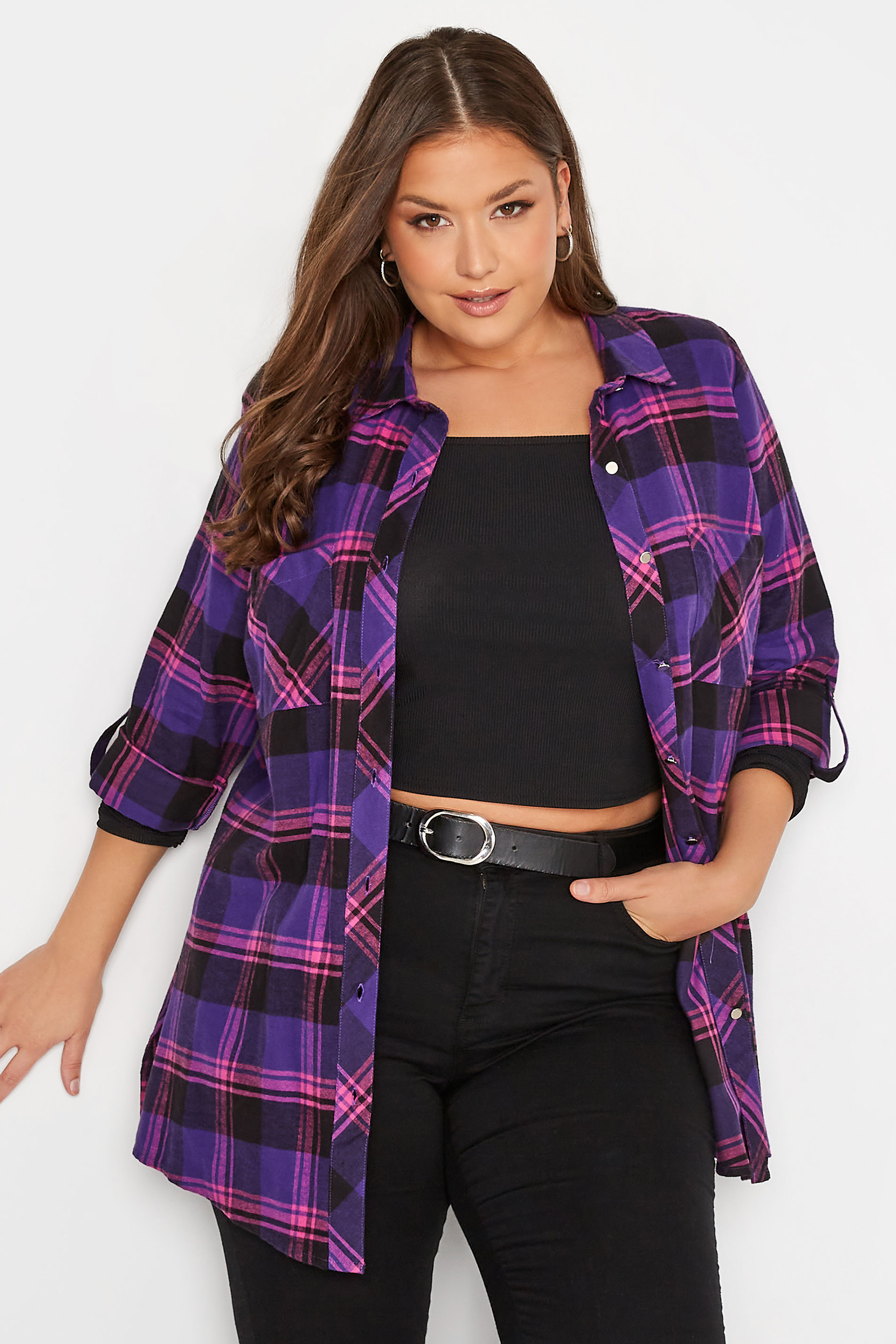 Plus Size Purple & Black Check Brushed Boyfriend Shirt | Yours Clothing 1