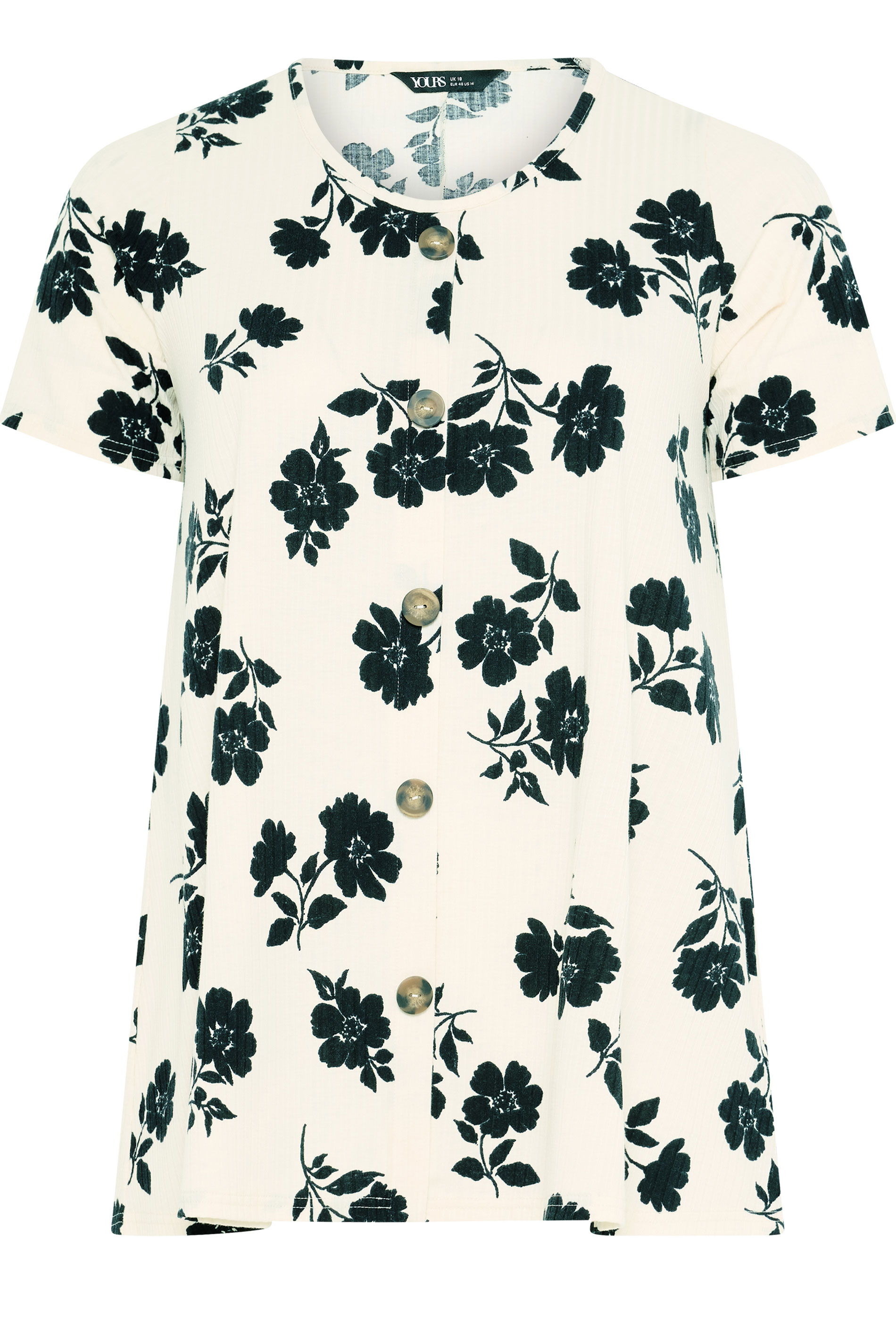 YOURS Plus Size Cream Floral Button Front Ribbed Swing Top | Yours Clothing 5