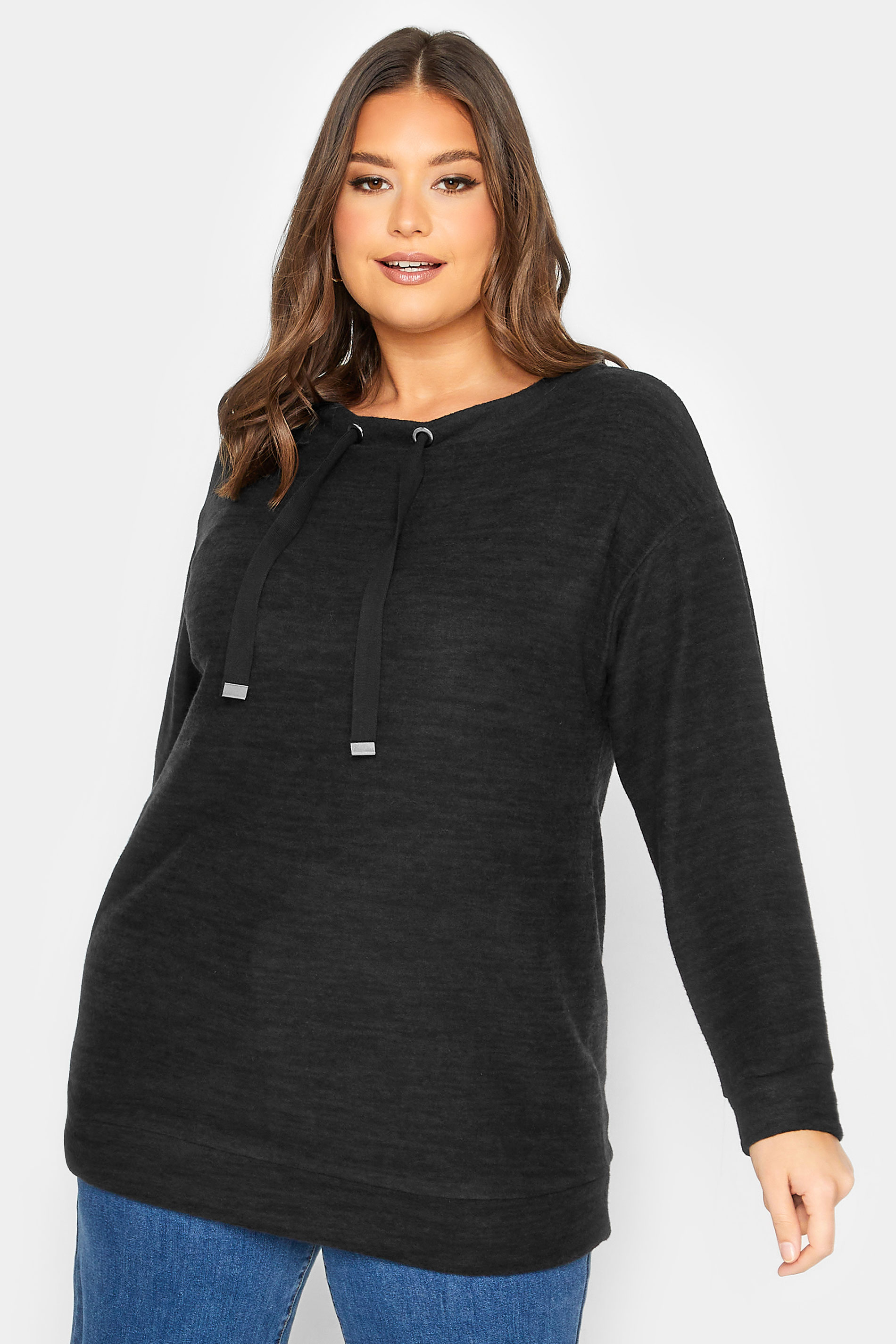 YOURS Plus Size Black Soft Touch Drawstring Sweatshirt | Yours Clothing 1