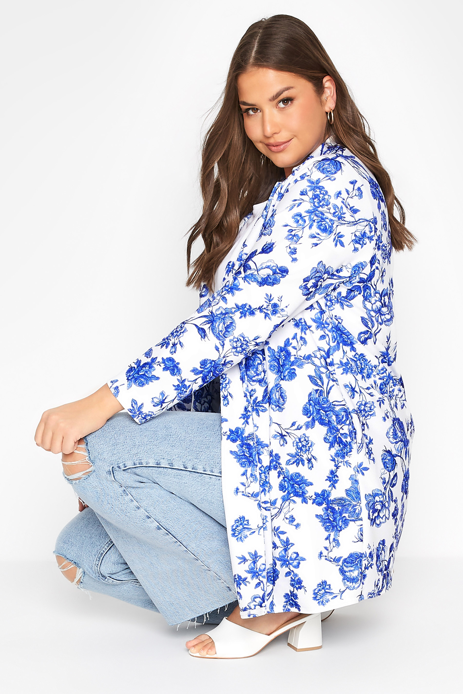 YOURS Curve Plus Size White & Blue Floral Print Blazer | Yours Clothing 1