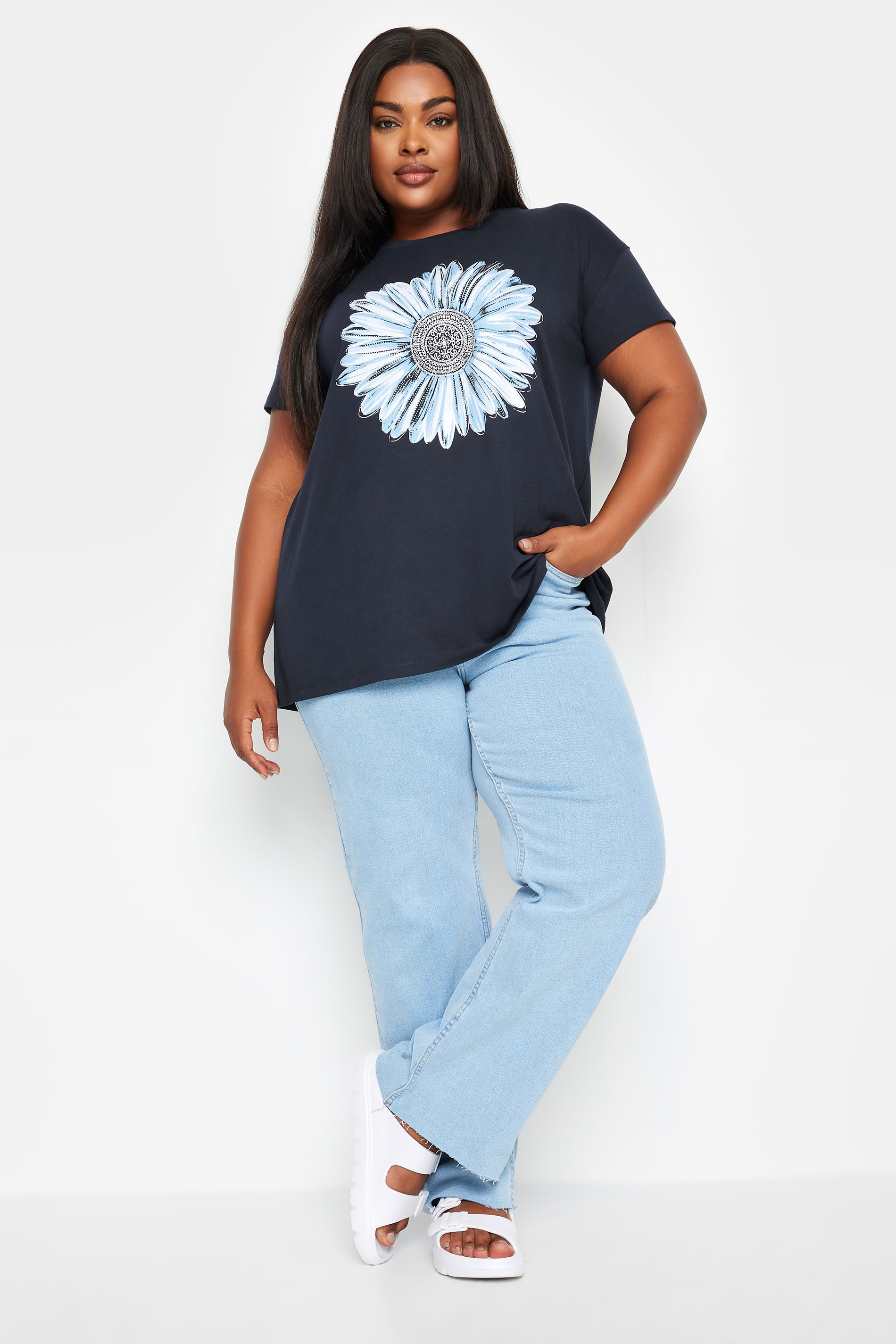 YOURS Plus Size Navy Blue Stud Floral Print T-Shirt | Yours Clothing 2