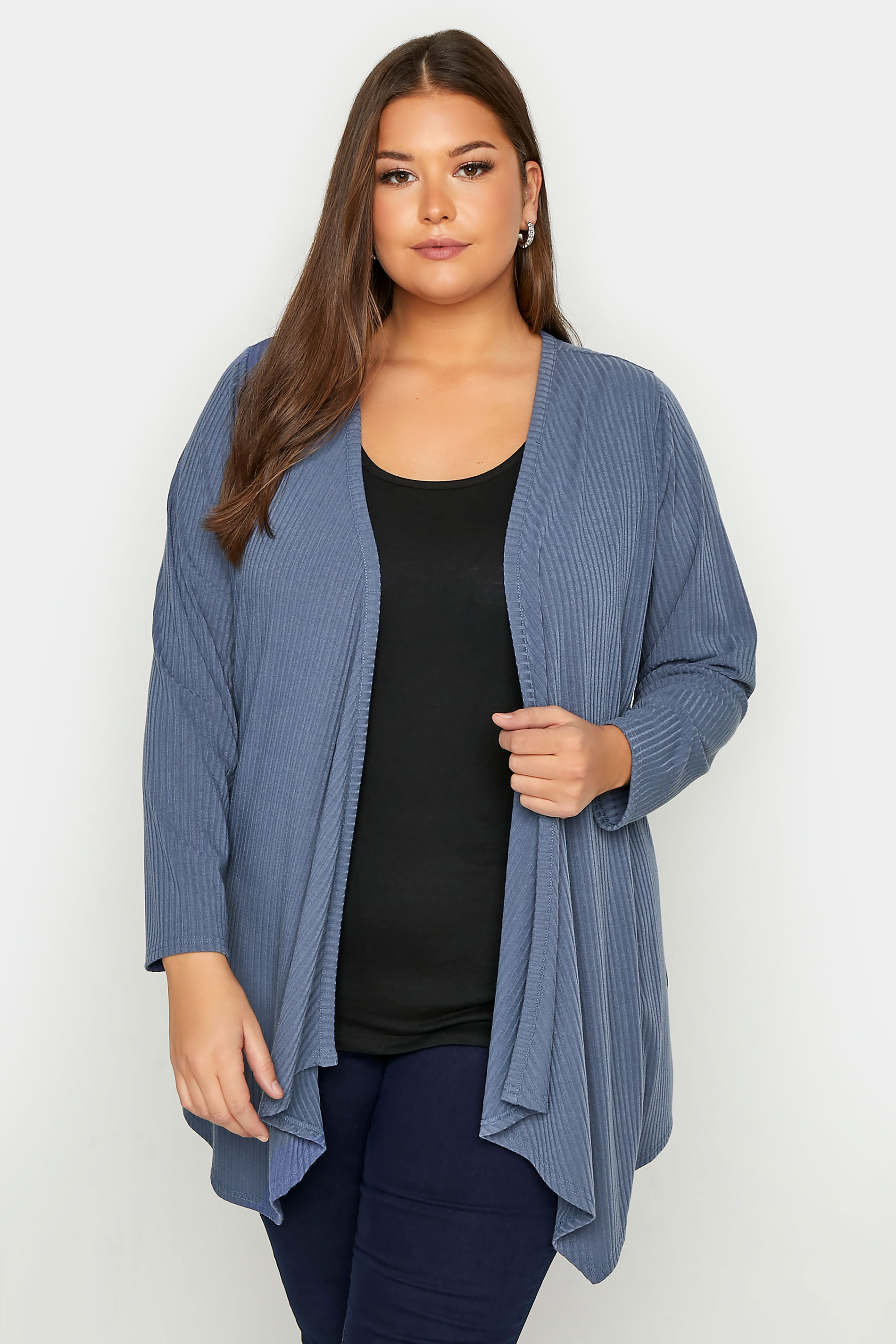 Plus Size Denim Blue Ribbed Waterfall Cardigan | Yours Clothing
