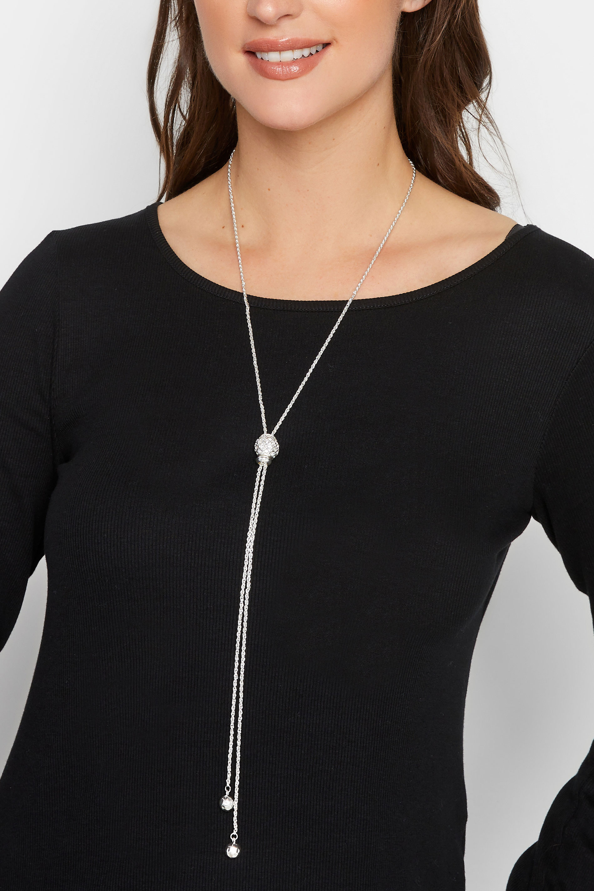 Silver Diamante Ball Long Necklace | Yours Clothing  1