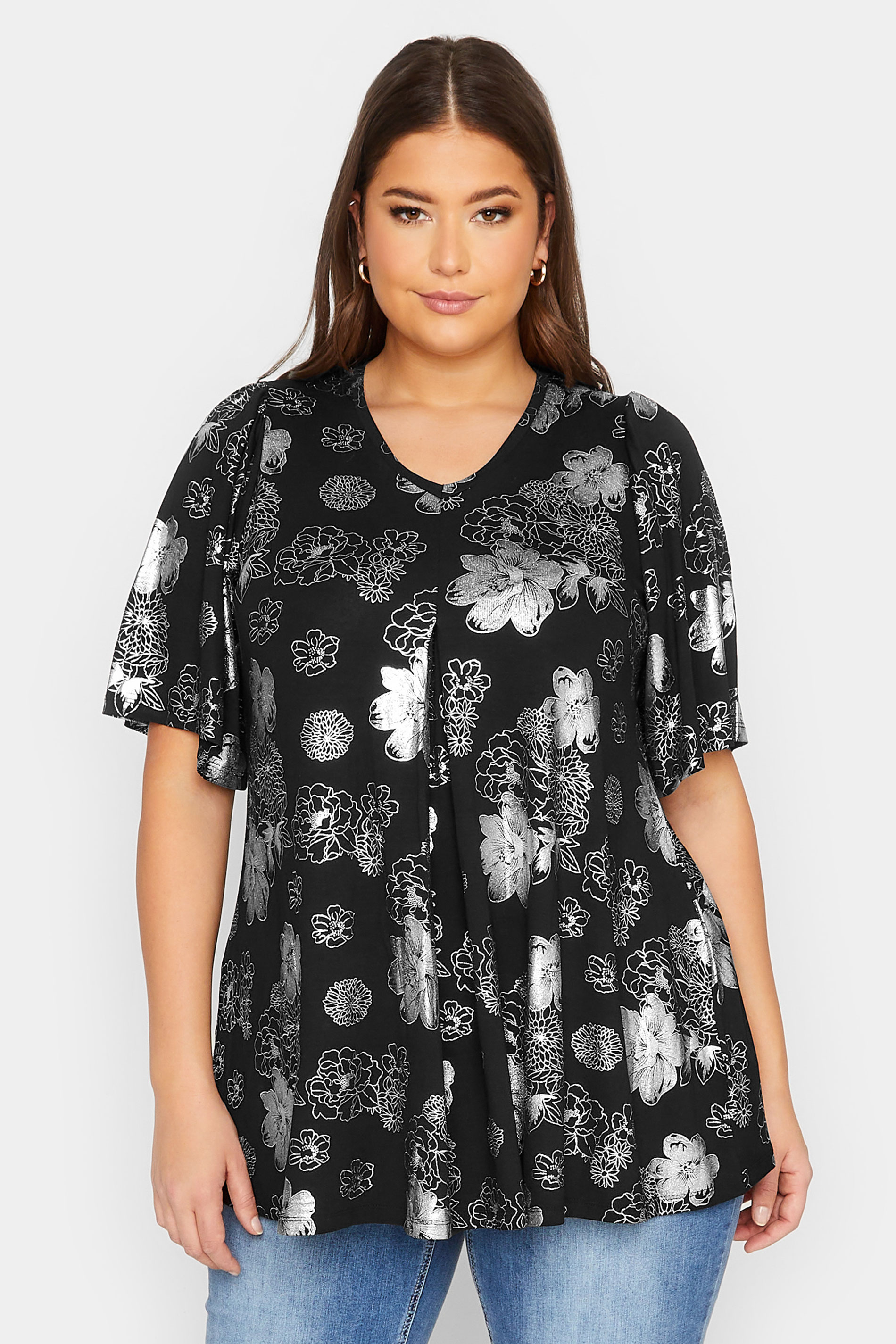 YOURS LUXURY Plus Size Curve Silver Floral Foil Print Top | Yours Clothing  1