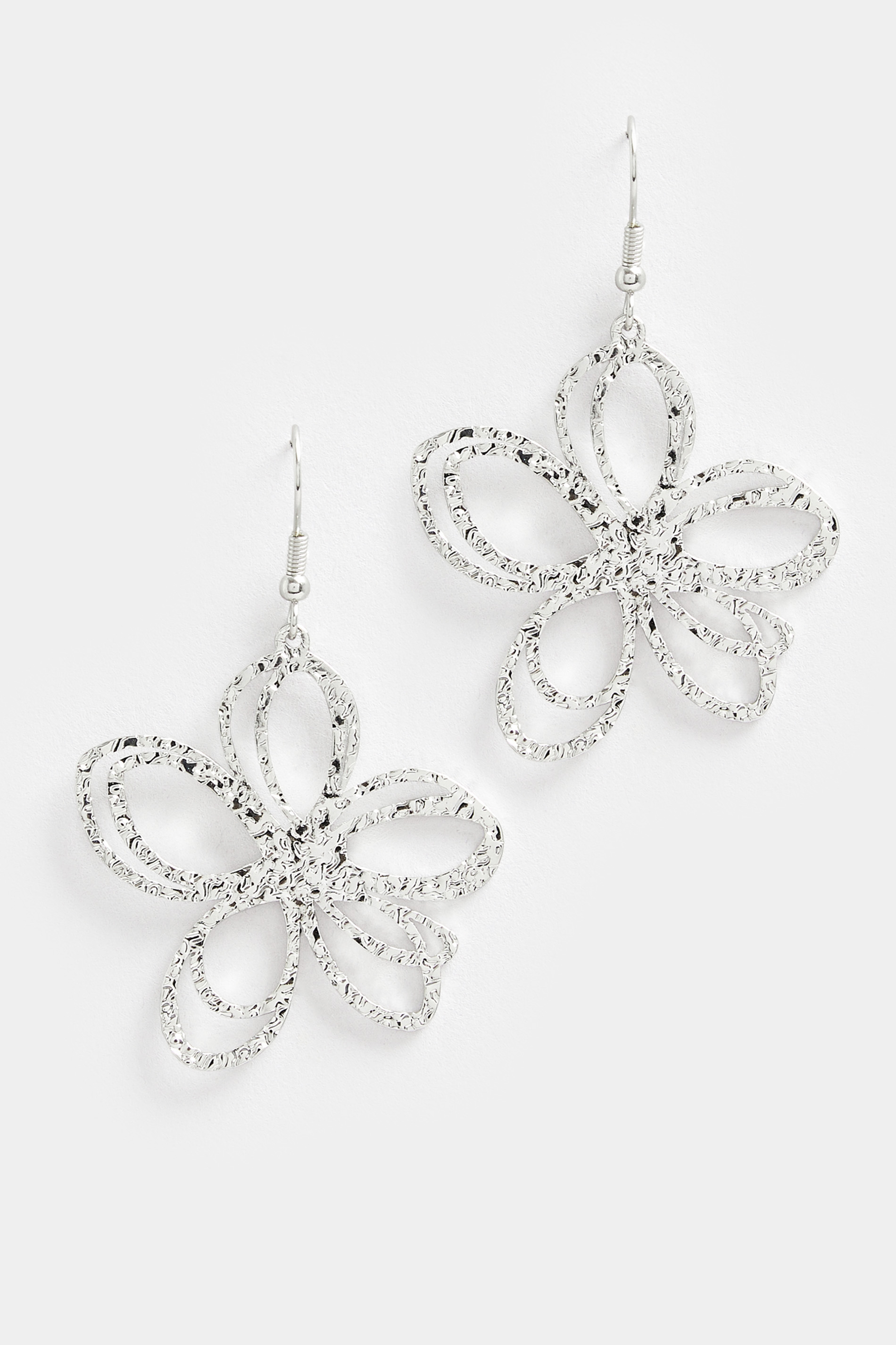 Silver Tone Textured Flower Outline Earrings | Yours Clothing 2
