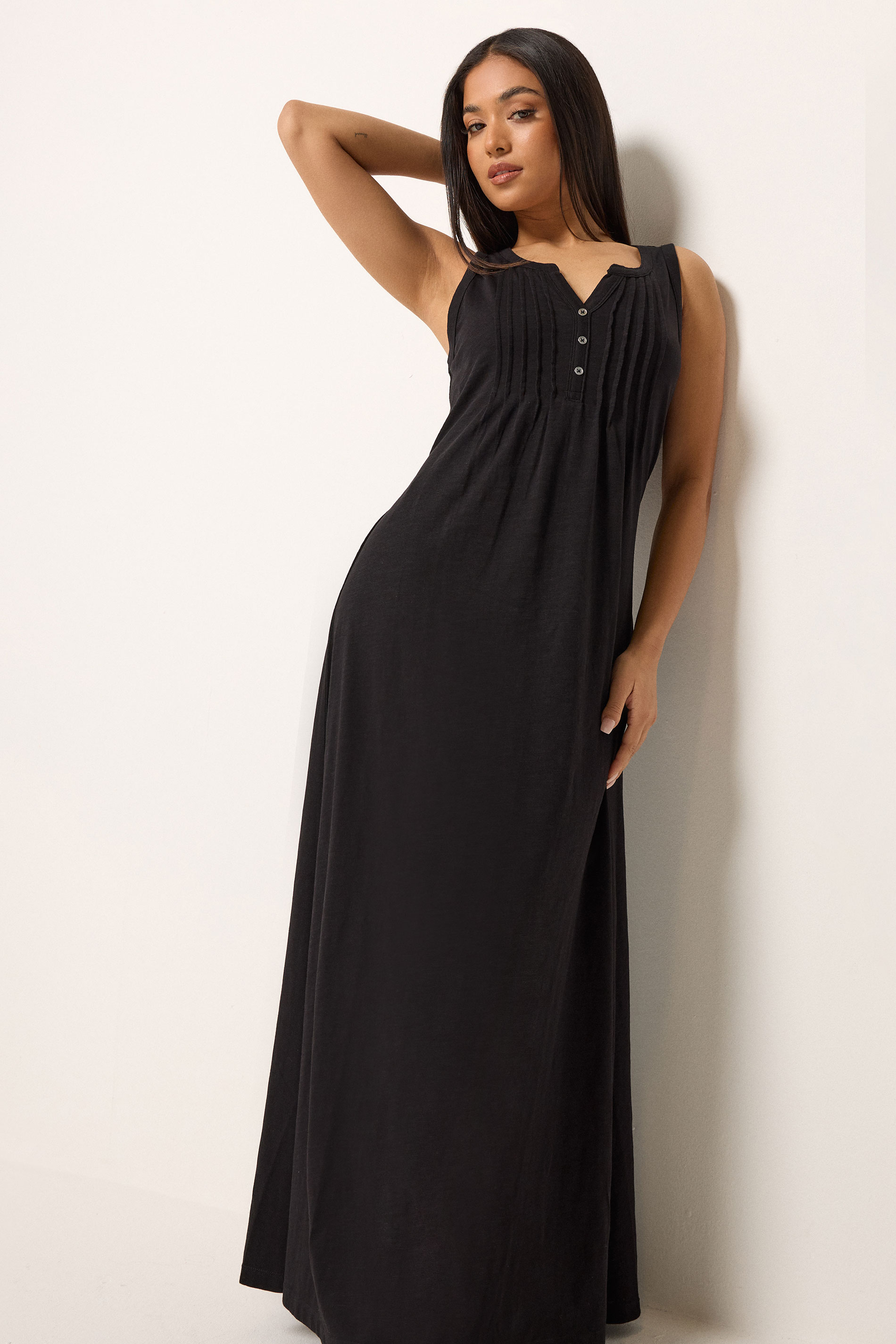 M&Co Petite Black Sleeveless Cotton Henley Maxi Dress | M&Co 3