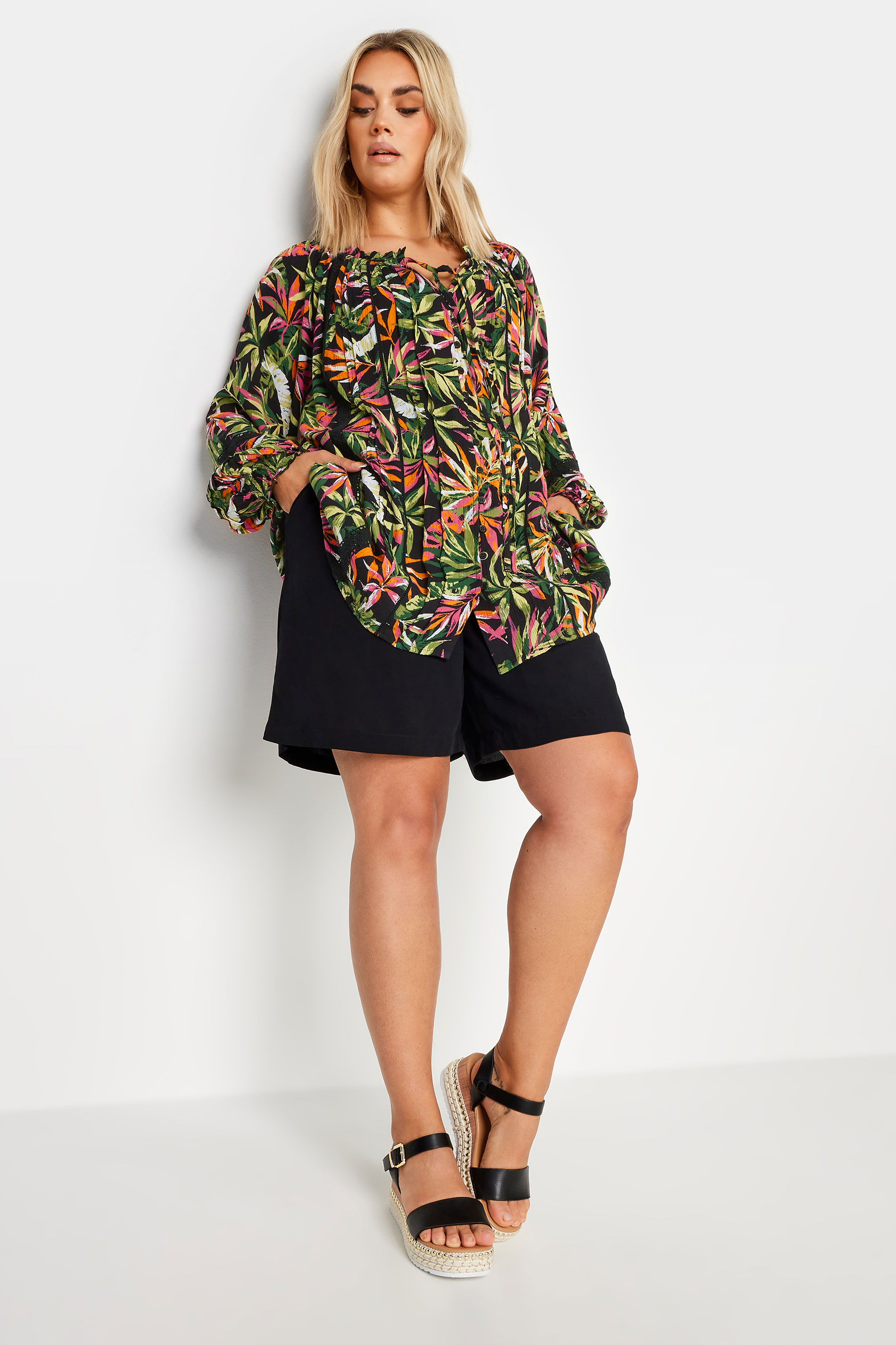 YOURS Plus Size Black Tropical Print Tie Front Crochet Top | Yours Clothing 2