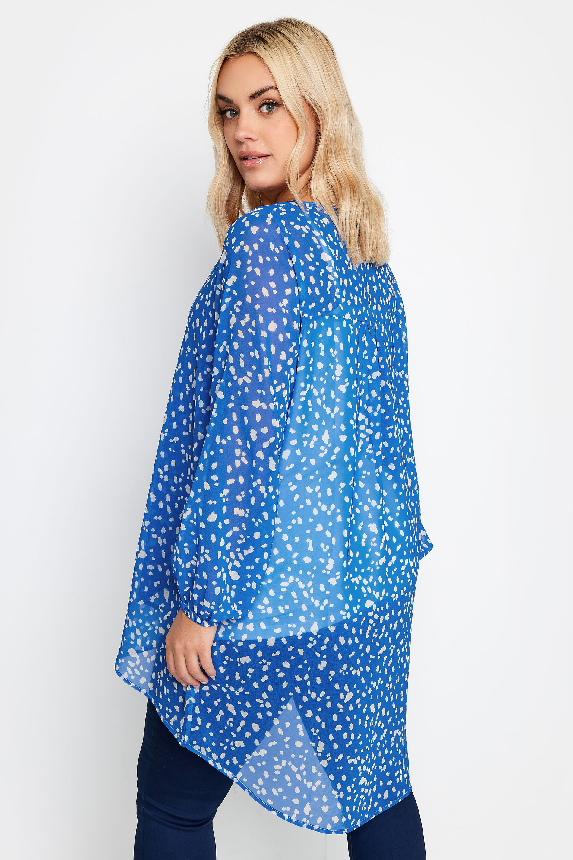 YOURS LONDON Plus Size Blue Dalmatian Print Wrap Front Blouse | Yours Clothing 3