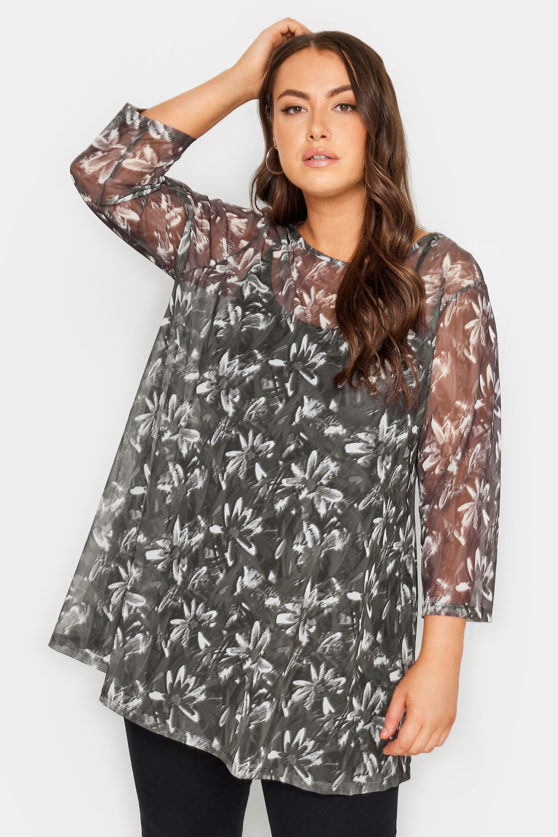 YOURS Plus Size Black Floral Print Mesh Layered Top | Yours Clothing 1