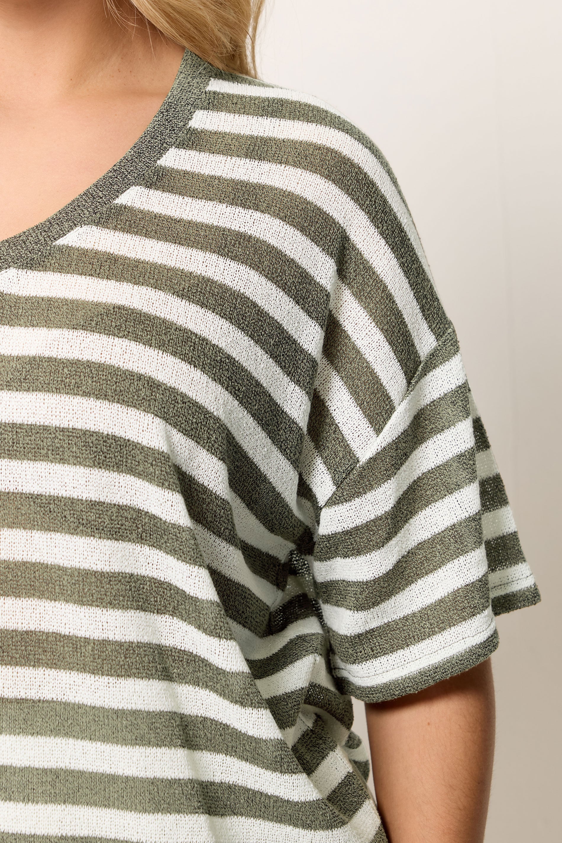 YOURS Plus Size Khaki Green & Ivory White Stripe Knitted T-Shirt | Yours Clothing 4
