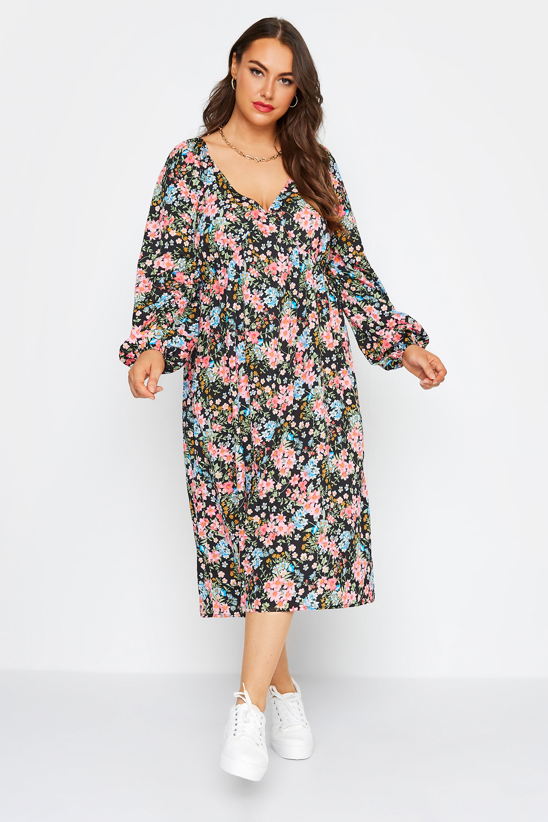 LIMITED COLLECTION  Plus Size Black Floral Balloon Sleeve Midi Dress | Yours Clothing  2