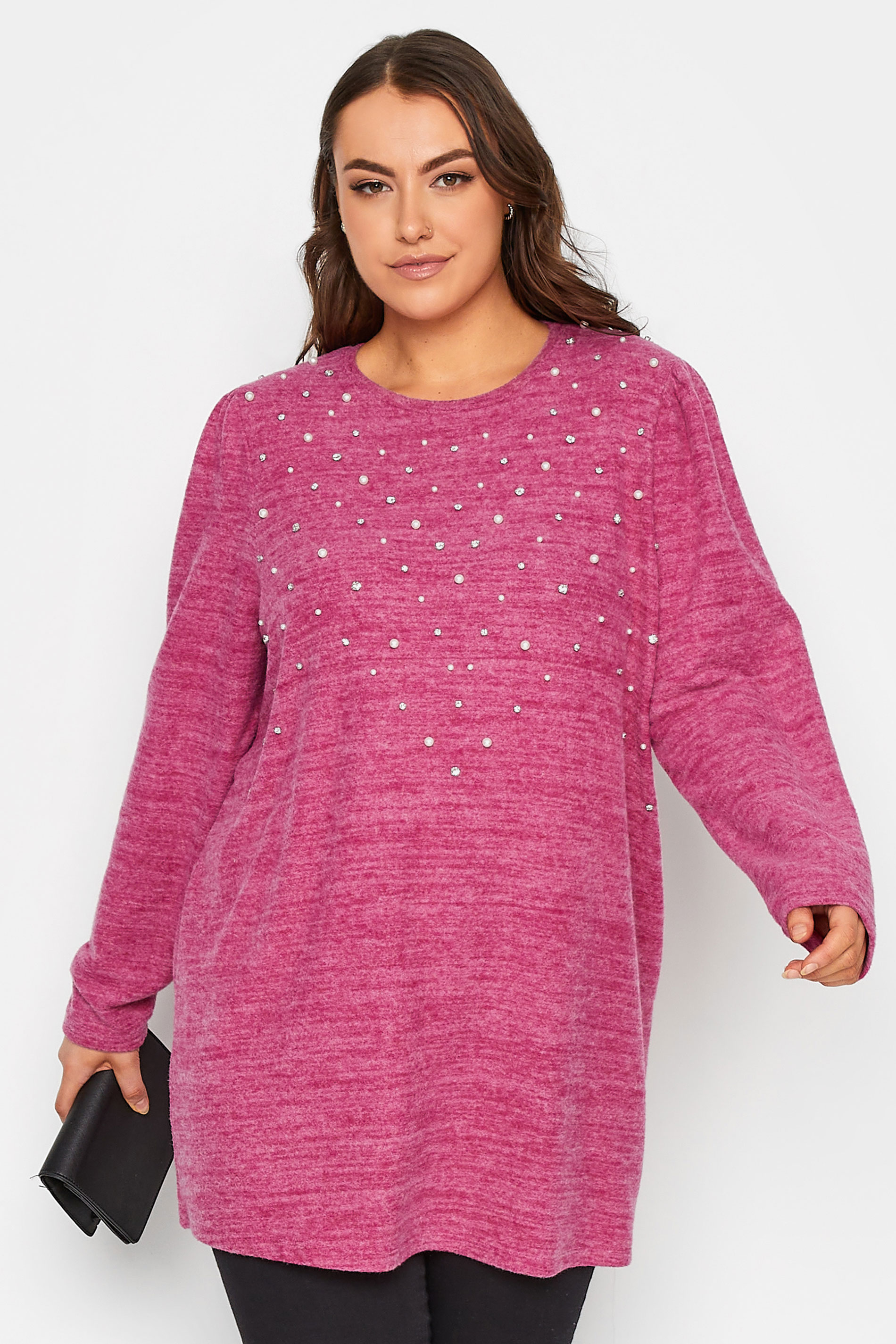 Plus Size Pink Pearl Embellished Soft Touch Top | Yours Clothing 1
