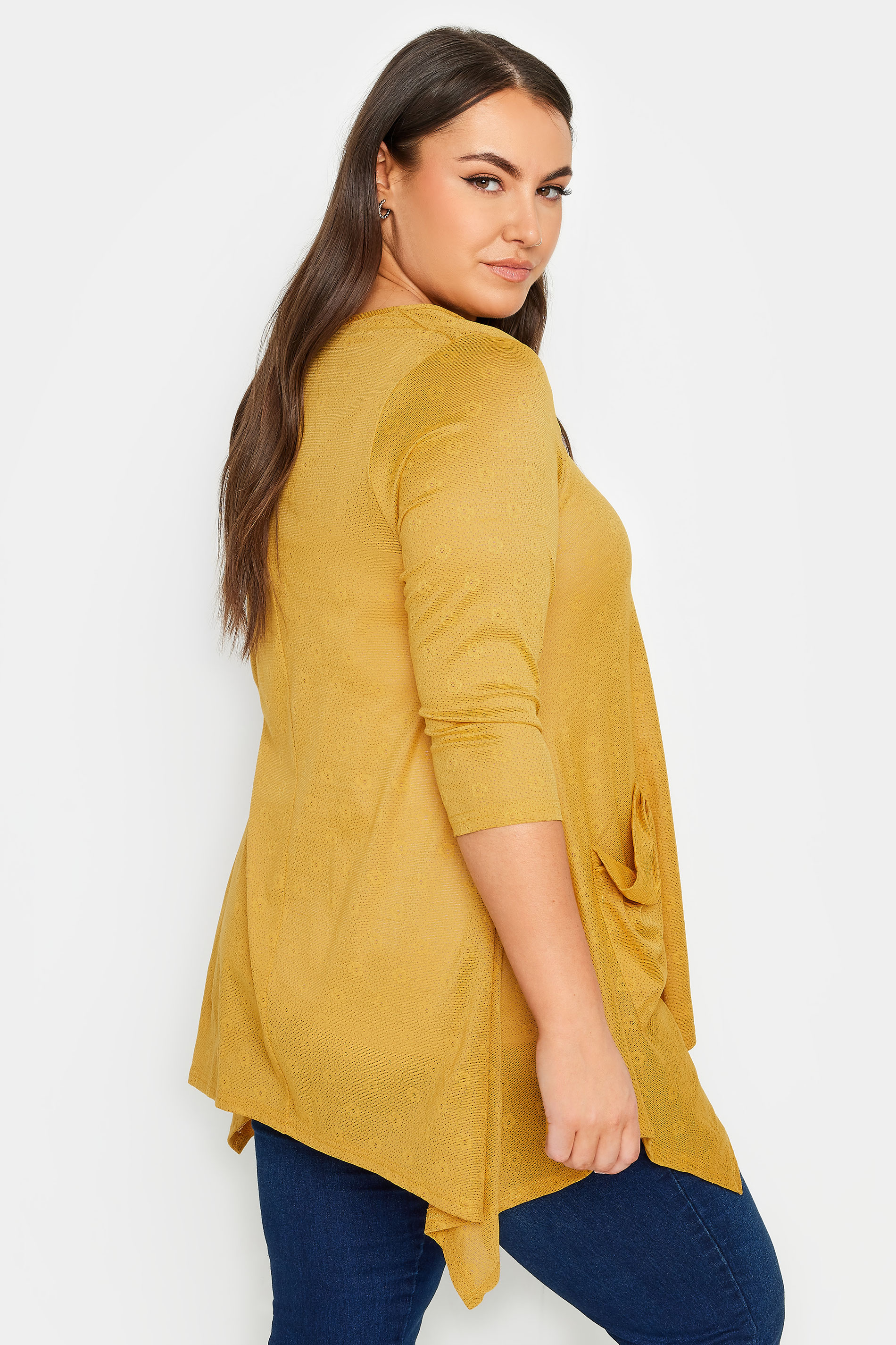 YOURS Plus Size Mustard Yellow Hanky Hem Pocket Top | Yours Clothing 3