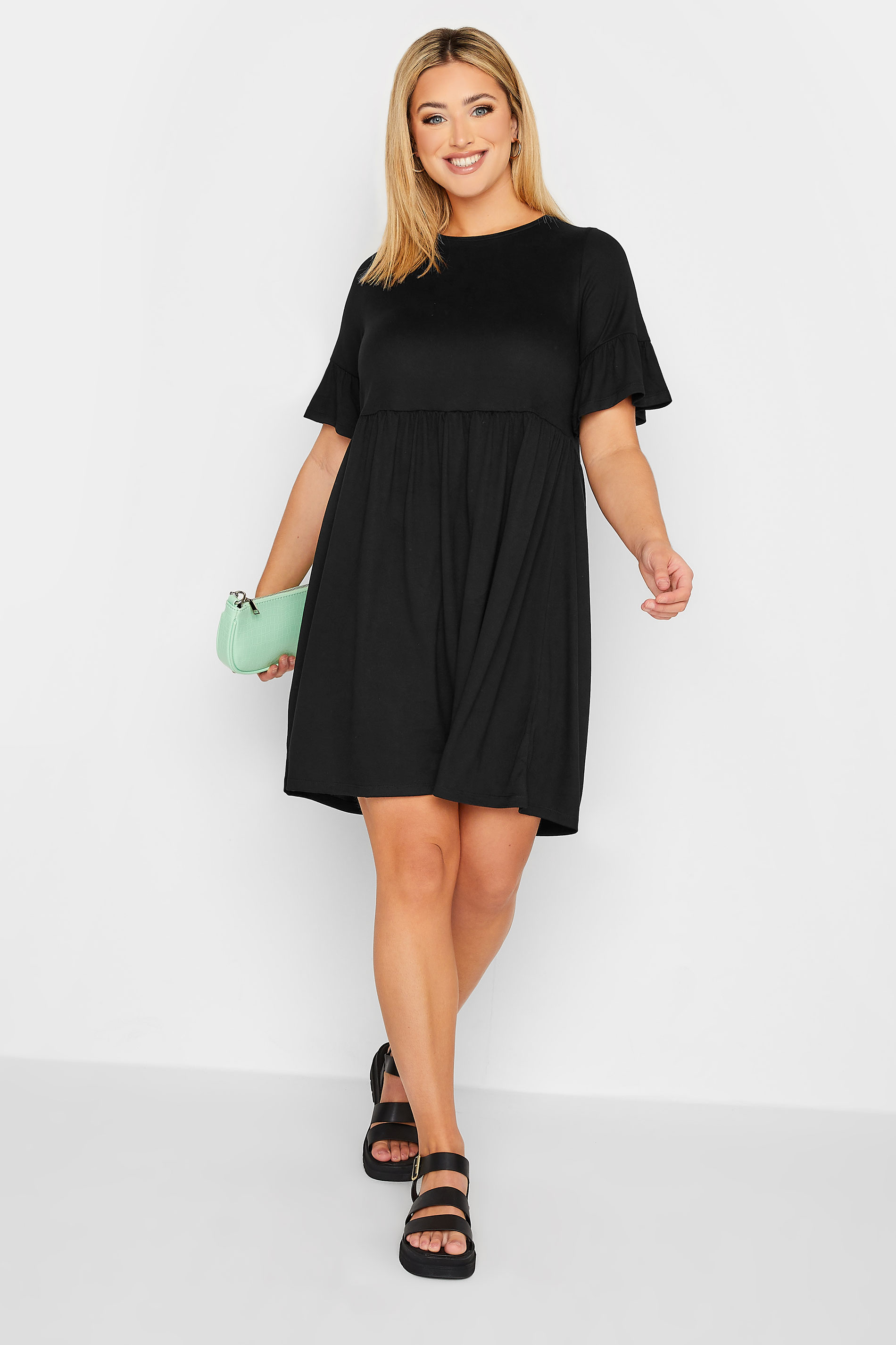 YOURS Plus Size Black Frill Sleeve Smock Dress | Yours Clothing 1