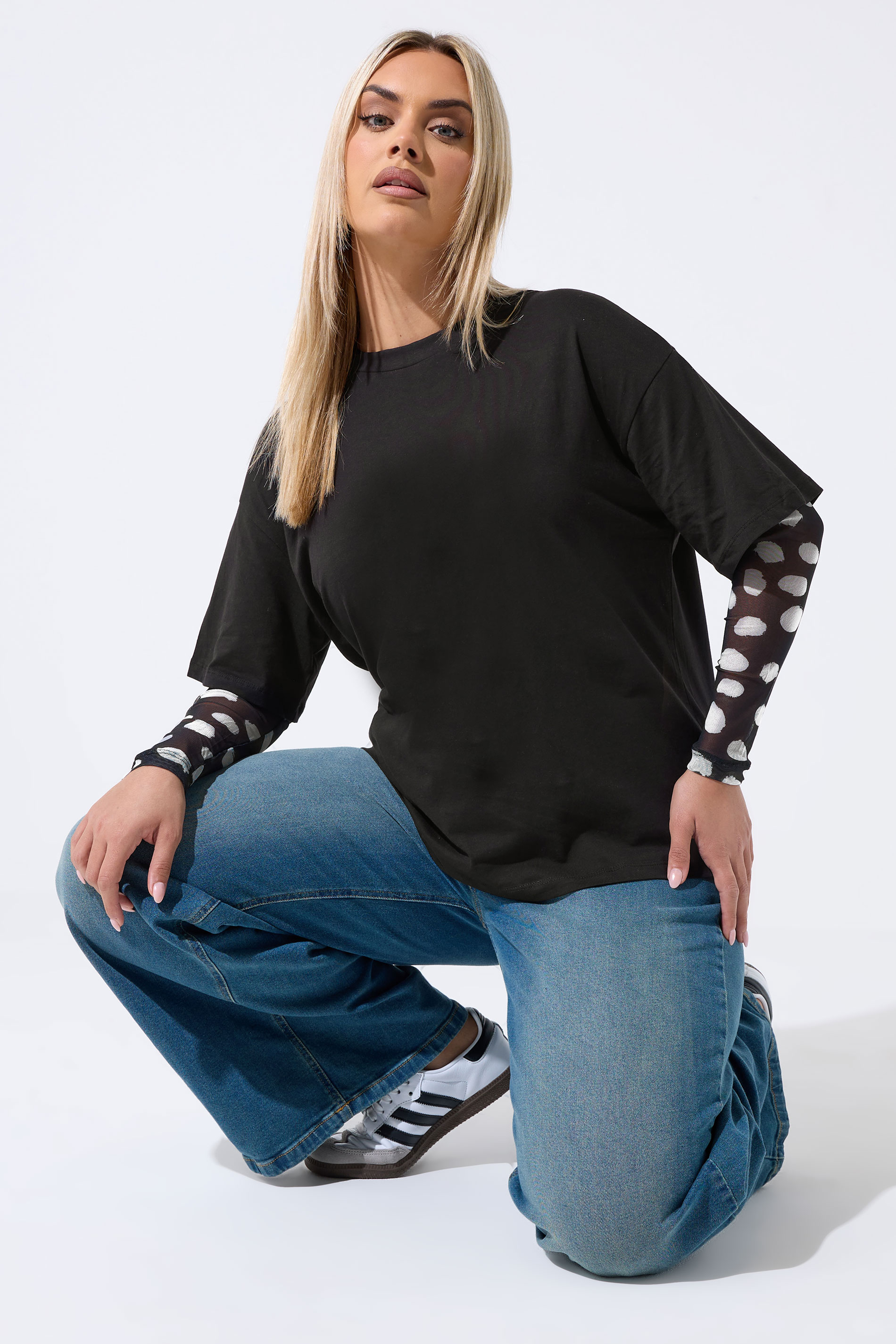 LIMITED COLLECTION Plus Size Black Polka Dot Sleeve T-Shirt | Yours Clothing 3